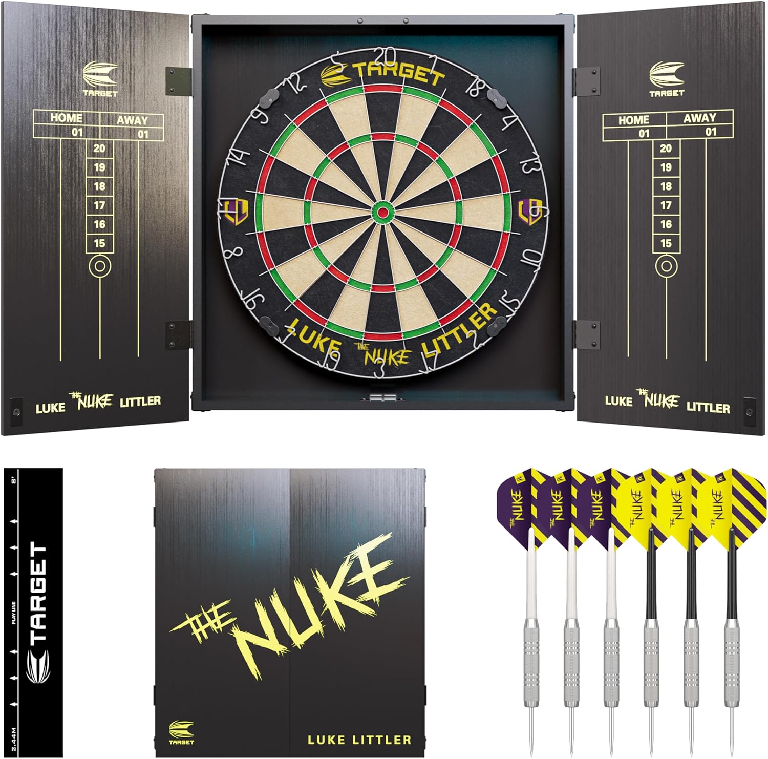 Dart Board Cabinet Set Sisal Steel Tip Darts Scoreboard Throw Line