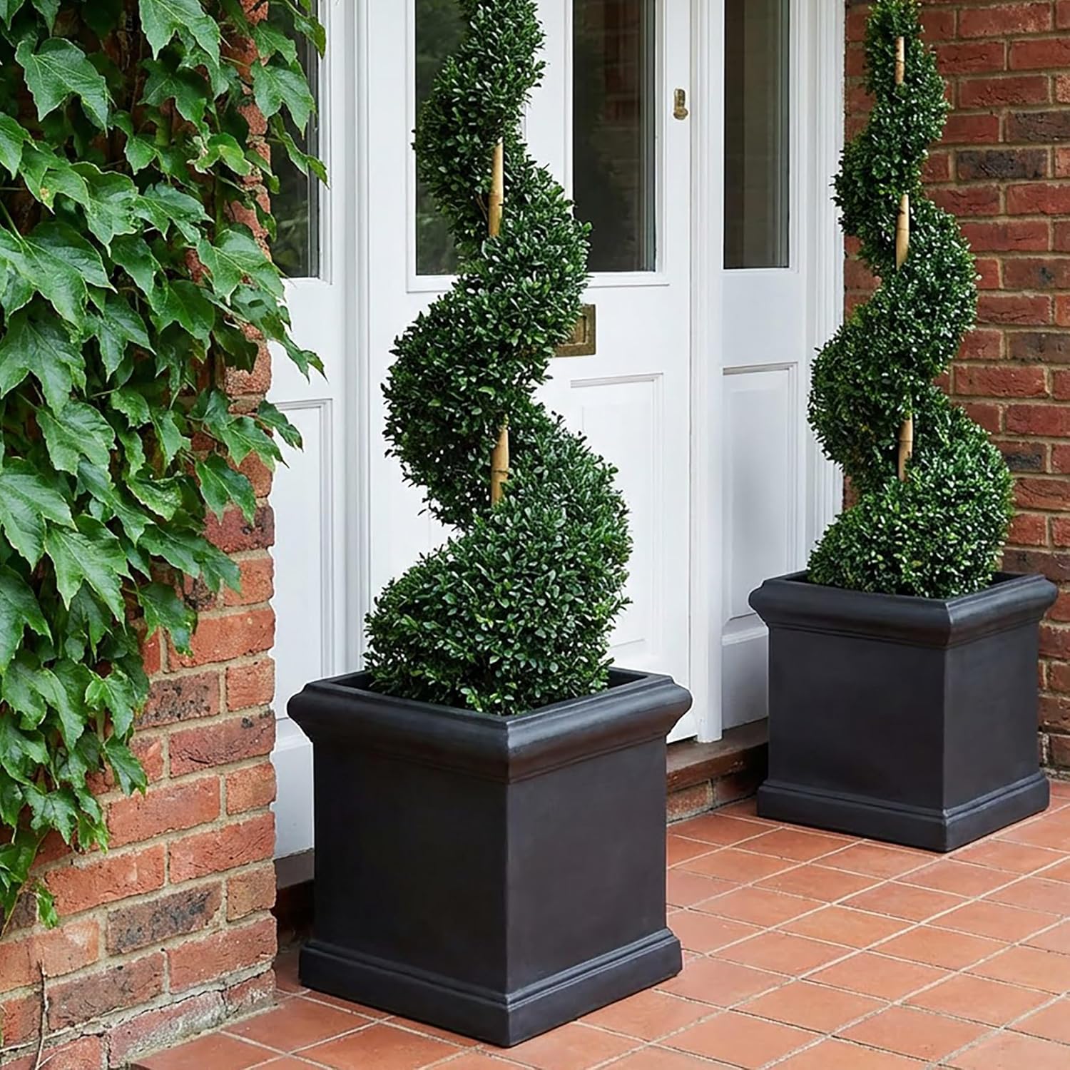 35cm Square Planter Black Slate Effect Garden Pot Drainage