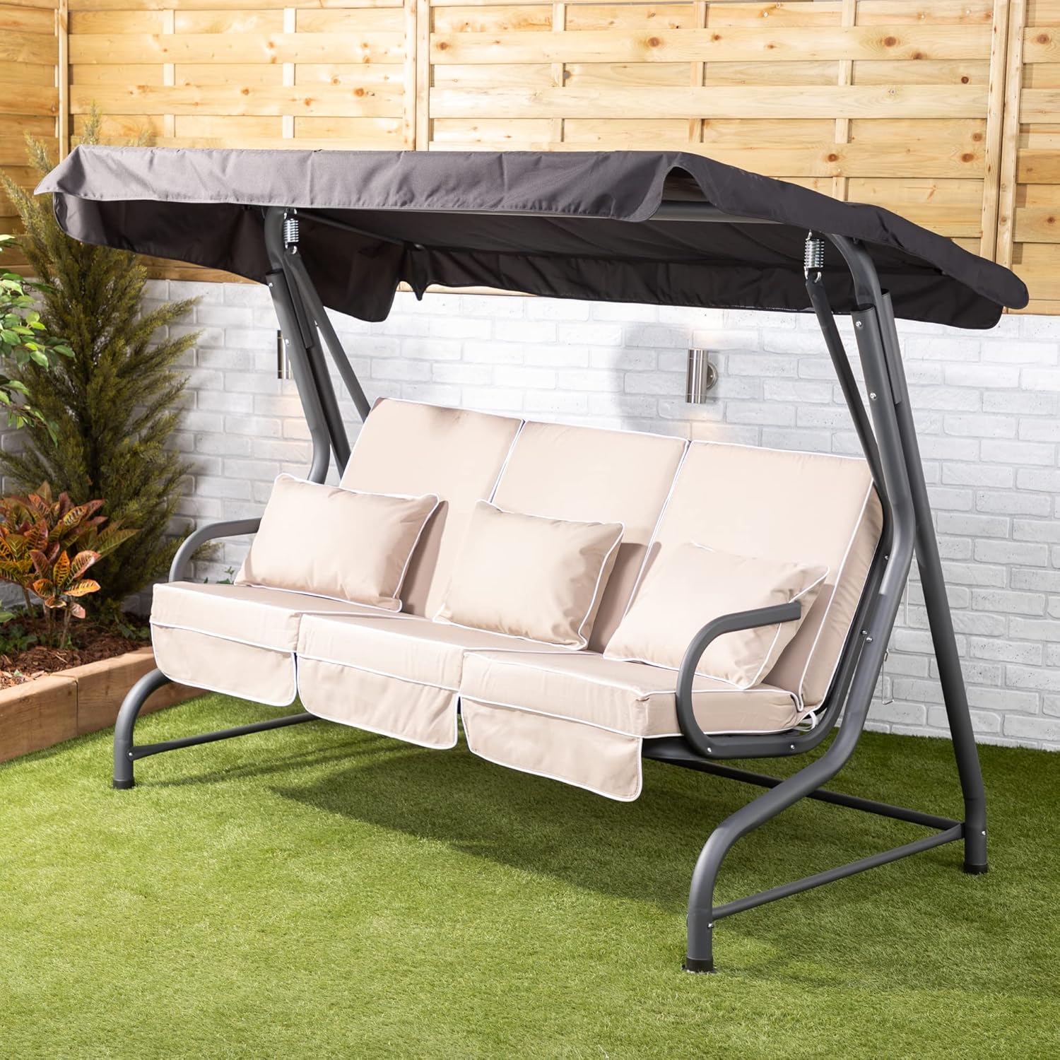 3 Seater Garden Swing Seat Taupe Canopy Cushions Heavy Duty 250kg