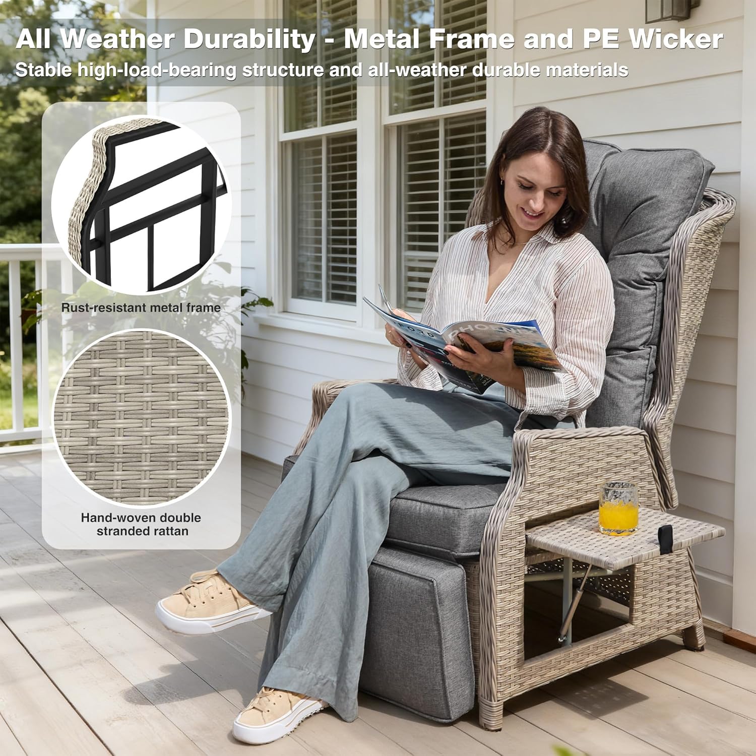 Rattan Reclining Sun Lounger Chair with Cushion Grey