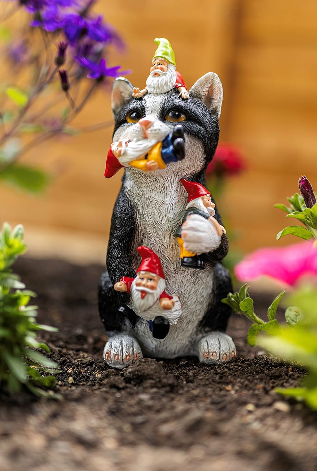 Funny Cat Eating Gnomes Statue Resin Garden Ornament Outdoor Decor