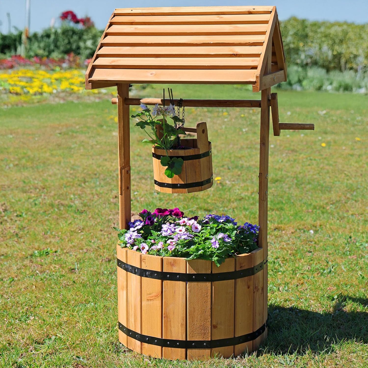 Wooden Wishing Well Planter Rustic Garden Flower Pot 100cm