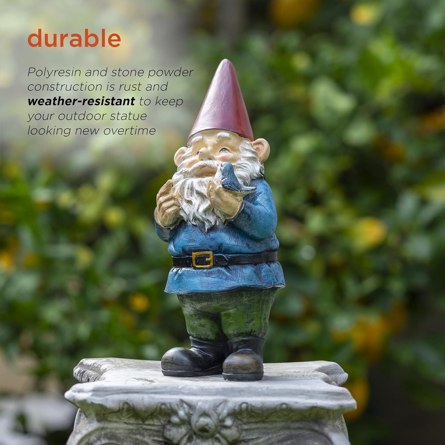 Garden Gnome Statue with Bird Resin Outdoor Yard Decor 30cm