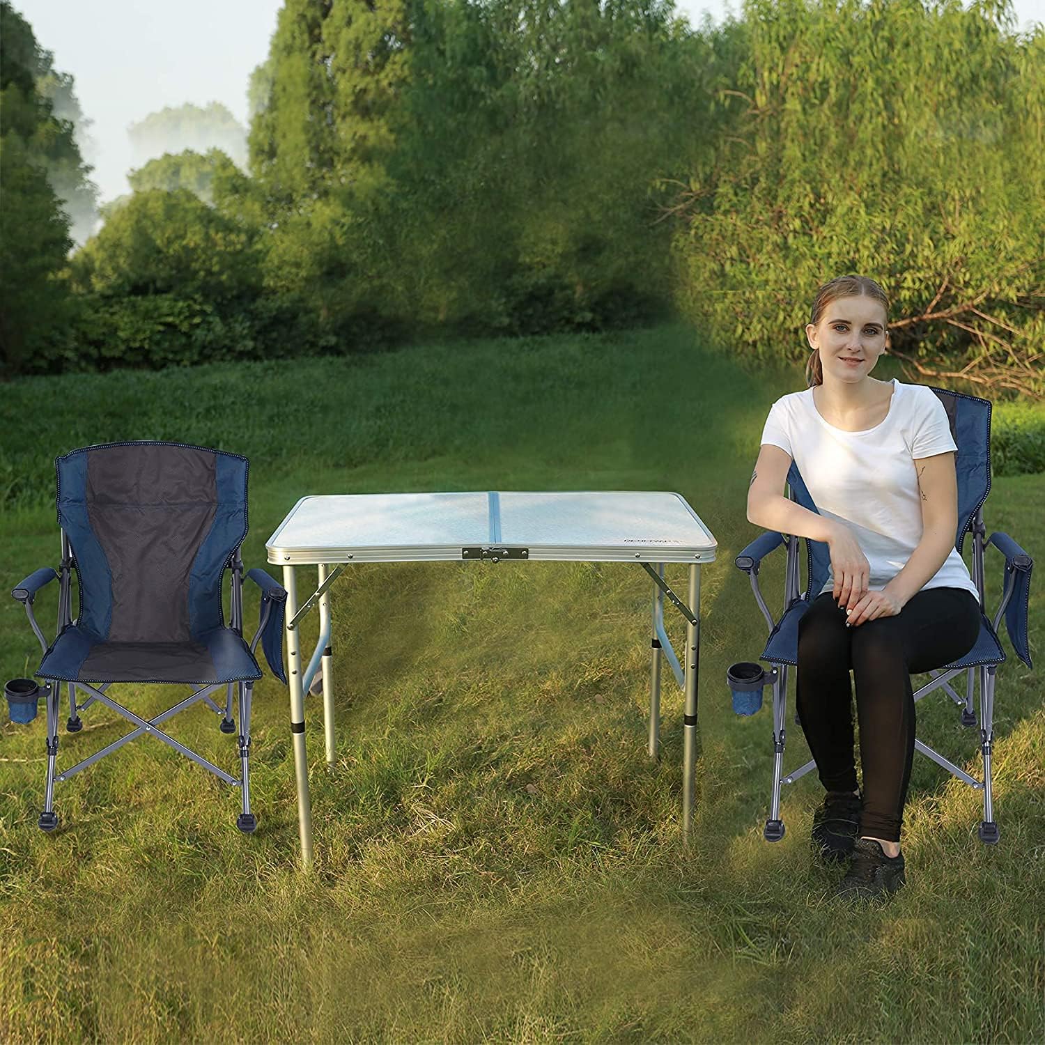 Set of 2 Oversized Folding Camping Chairs 200kg Navy