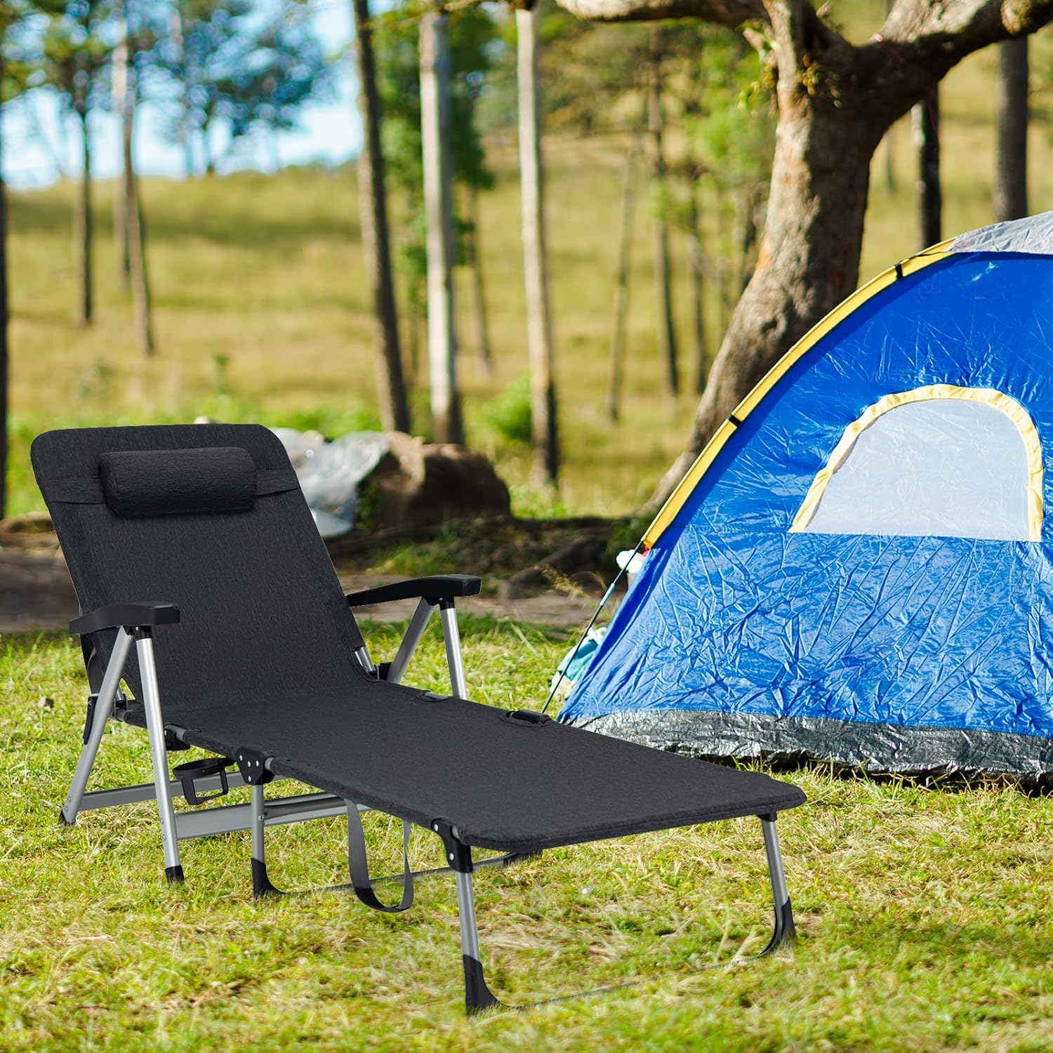 Folding Sun Lounger 7 Position Reclining Chair Cup Holder Black