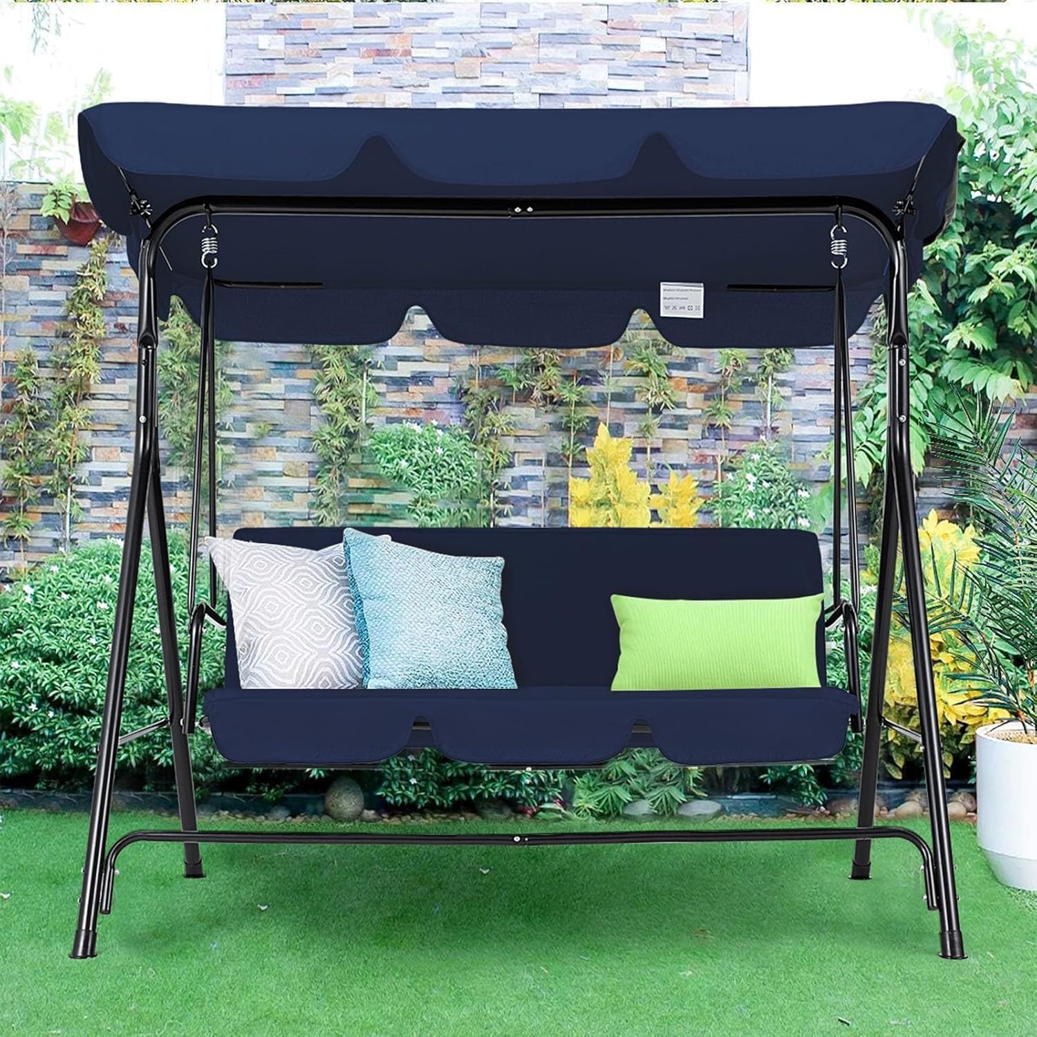 3 Seater Garden Swing Chair Canopy Cushion Steel Frame Blue