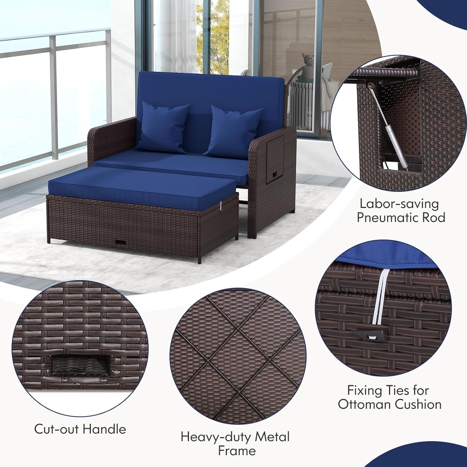 2 in 1 Rattan Daybed Sun Lounger Navy Blue