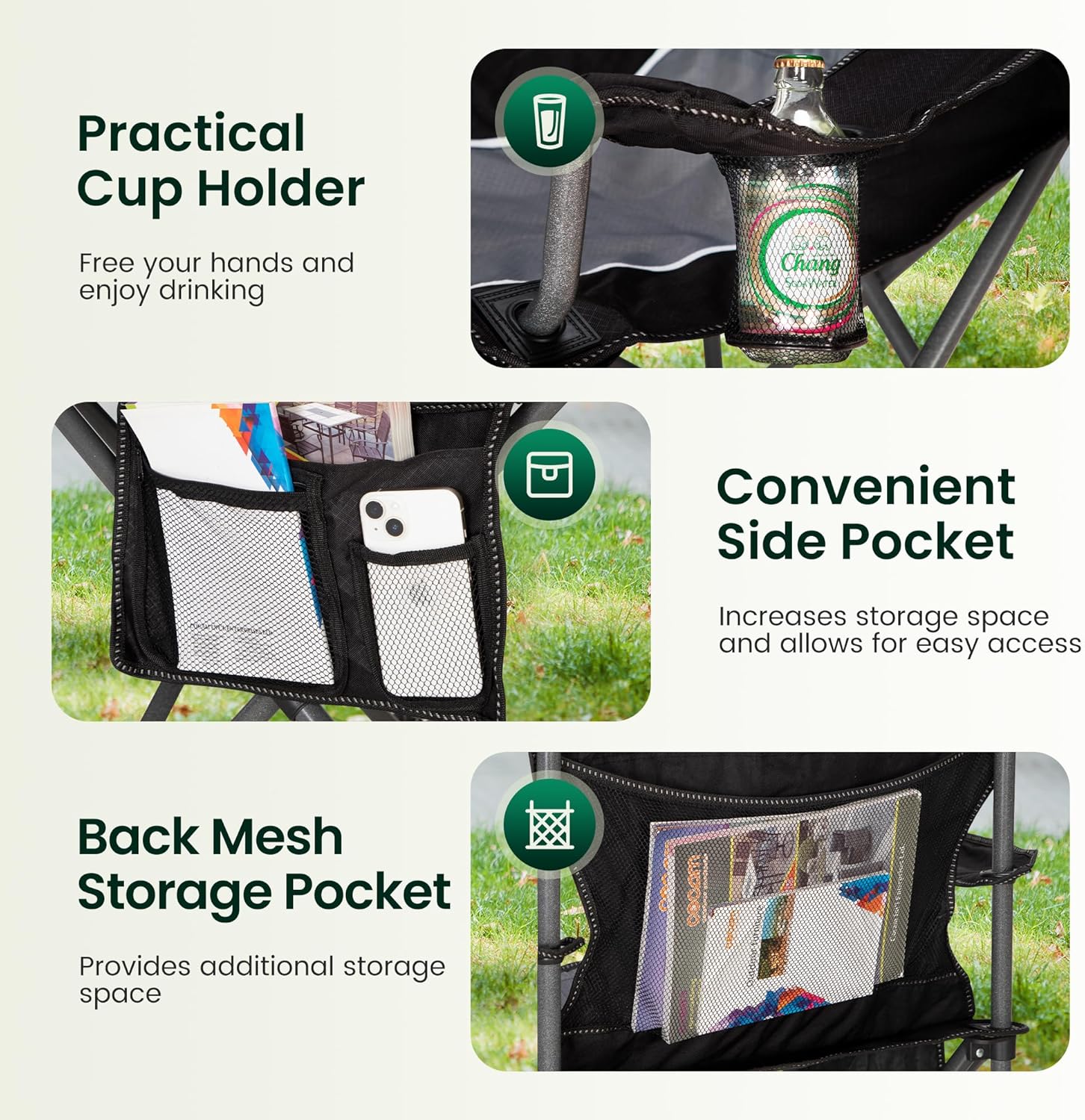 Portable High Back Camping Chair with Cup Holder Side Pocket Grey