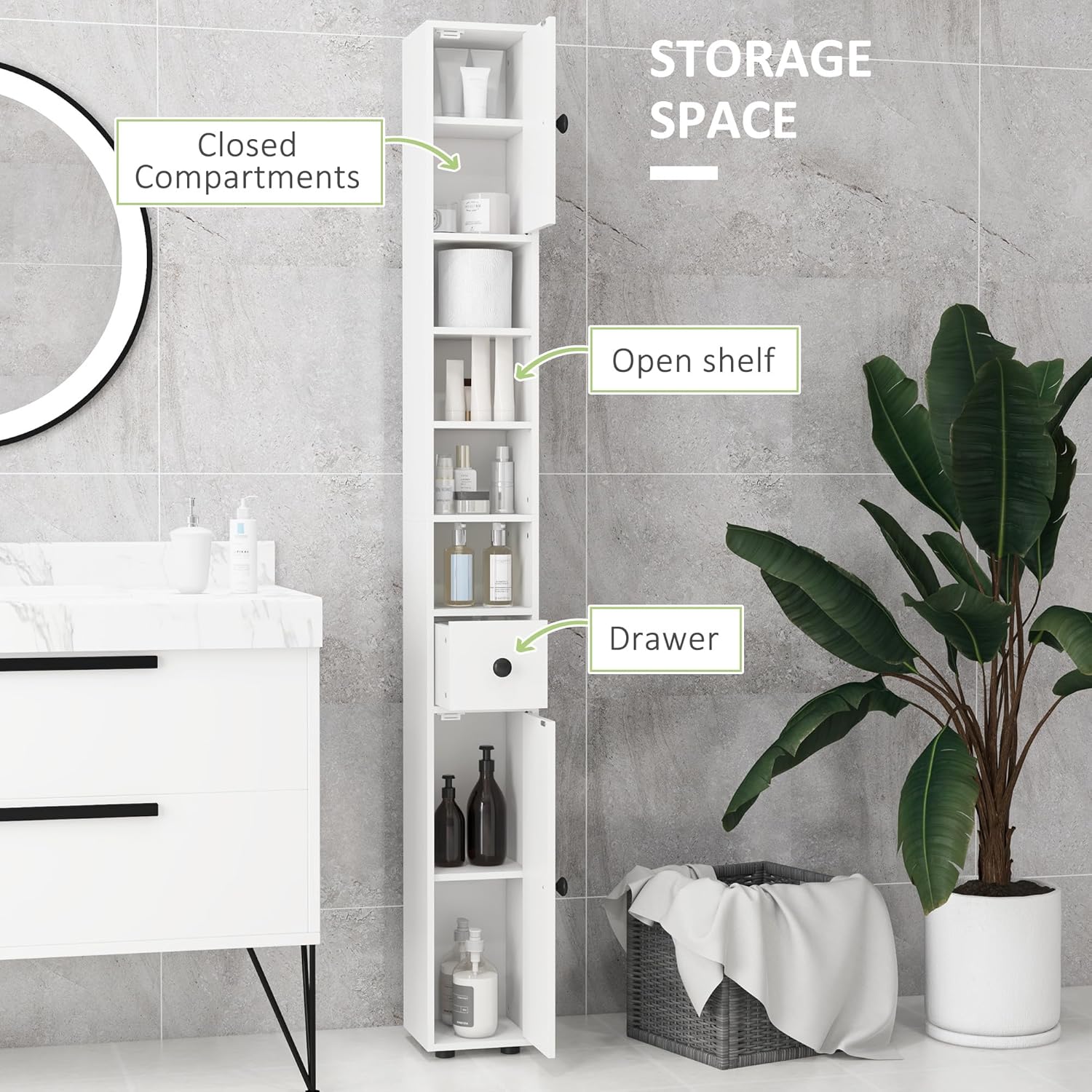 180cm Slim Bathroom Storage Cabinet 4 Shelves 2 Doors White