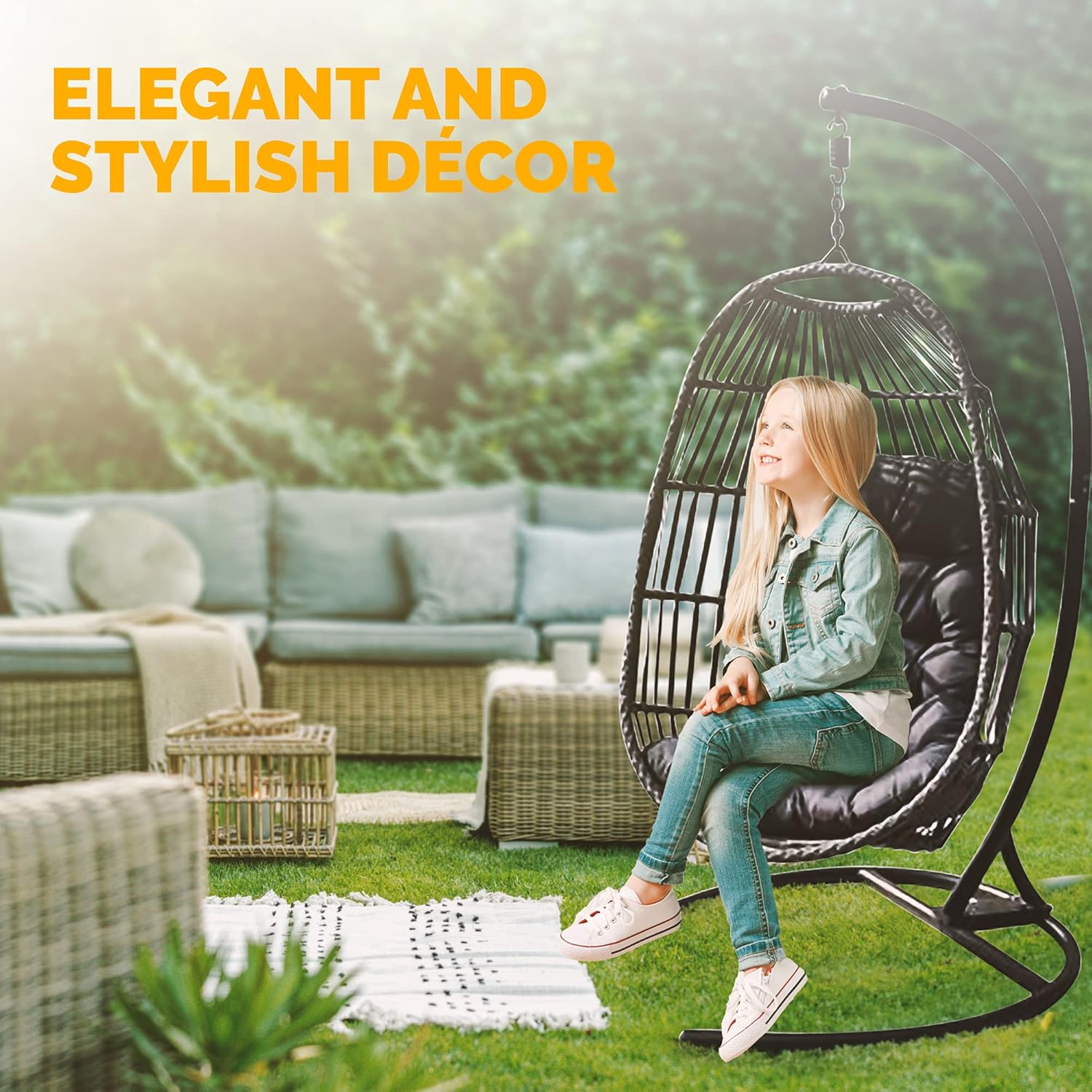 Hanging Egg Chair with Stand Foldable Rattan Swing Grey