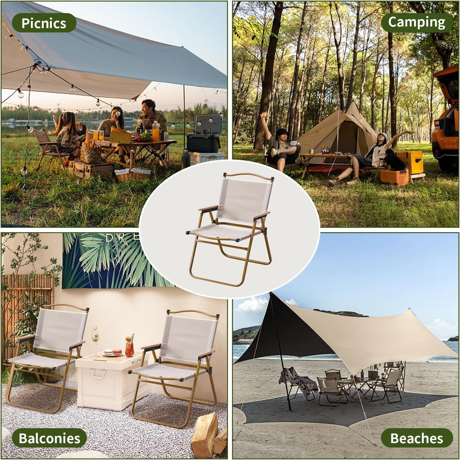 2 Pack Portable Folding Camping Chairs Wide Seat Wooden Arms
