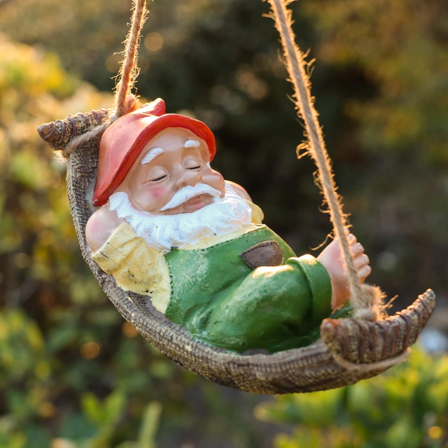 Hanging Sleeping Gnome Statue Resin Garden Tree Decor 18cm