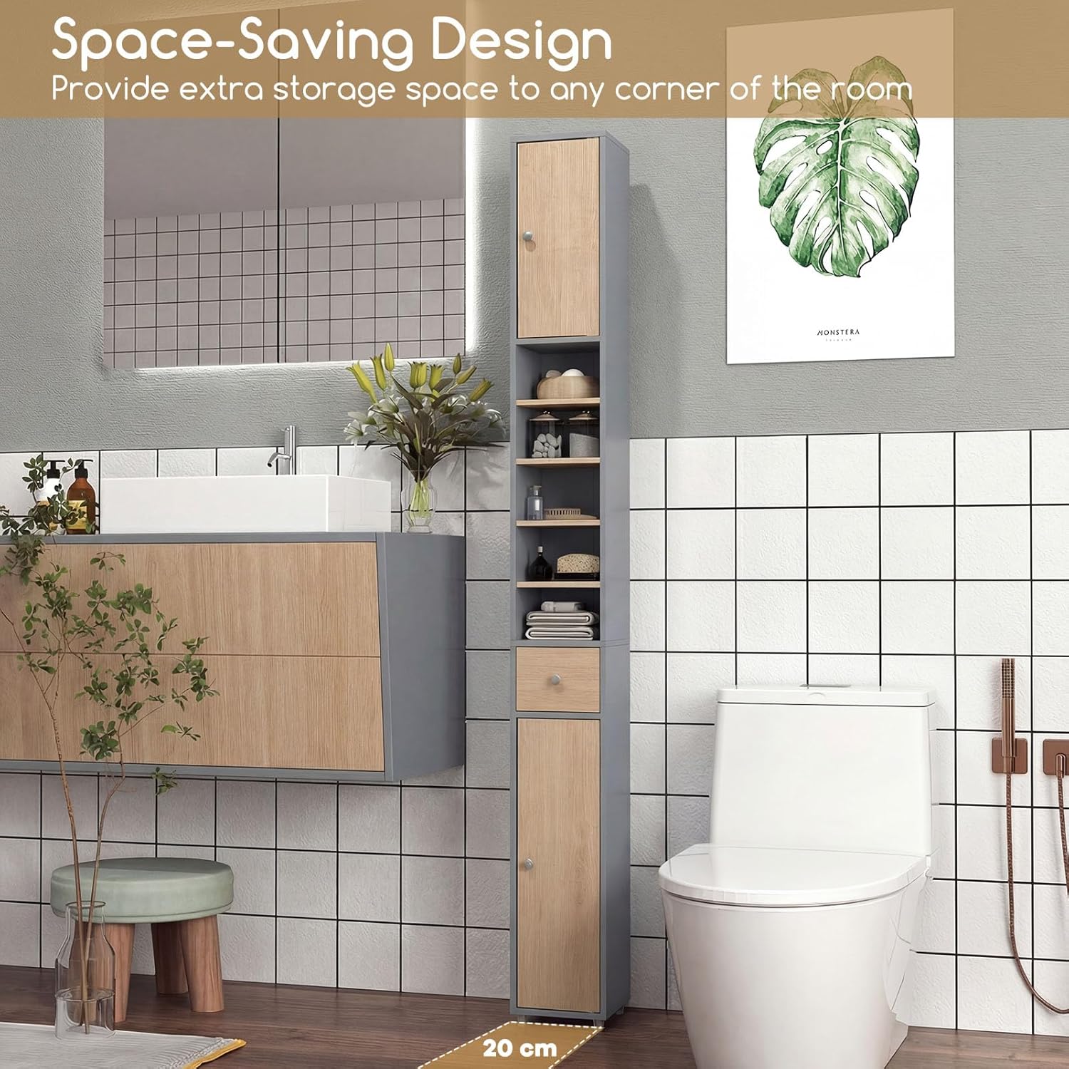Slim Bathroom Tall Storage Cabinet Drawer Shelf Grey Natural