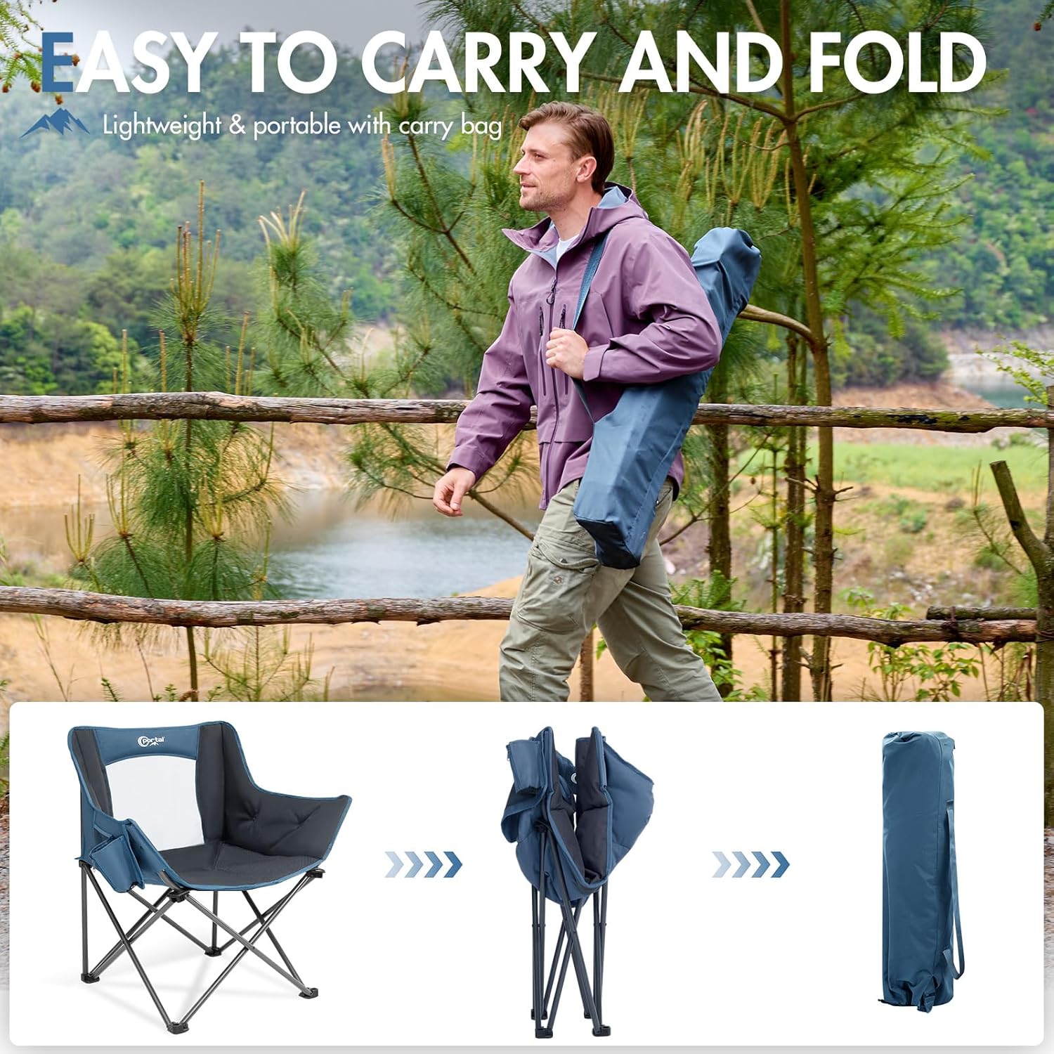 Mesh Back Tub Camping Chair Wide Seat 150KG Blue