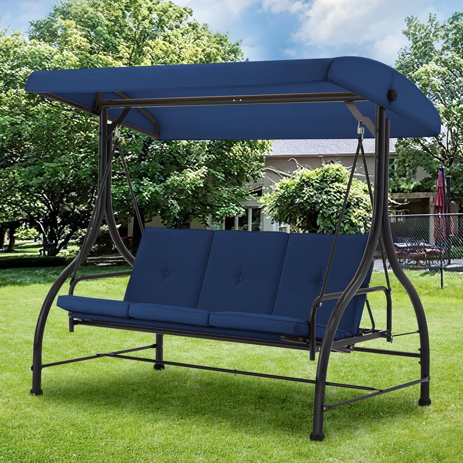 3 Seater Garden Swing Bed Blue Canopy Cushion Steel