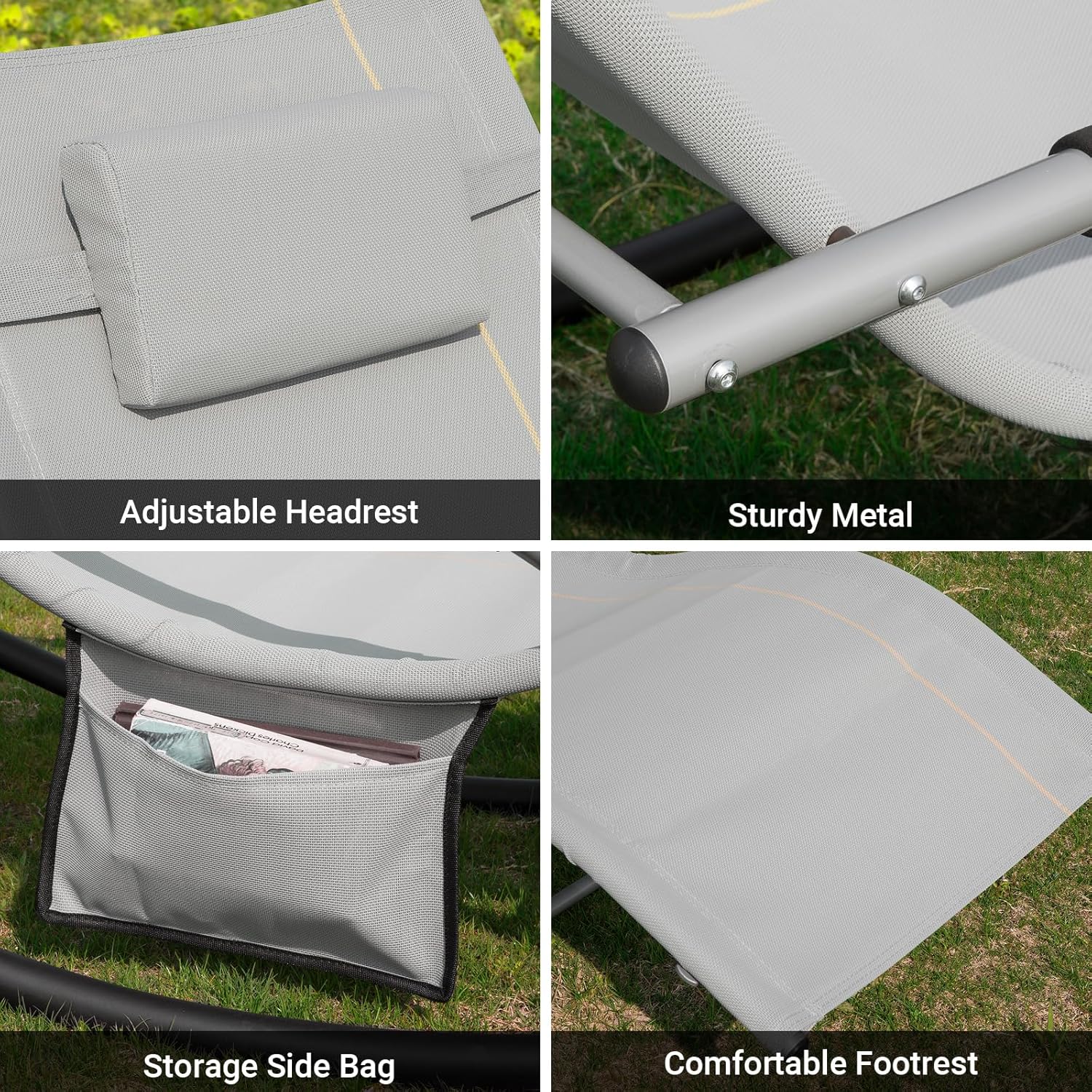 Outdoor Rocking Recliner Chair with Pillow Pocket Grey
