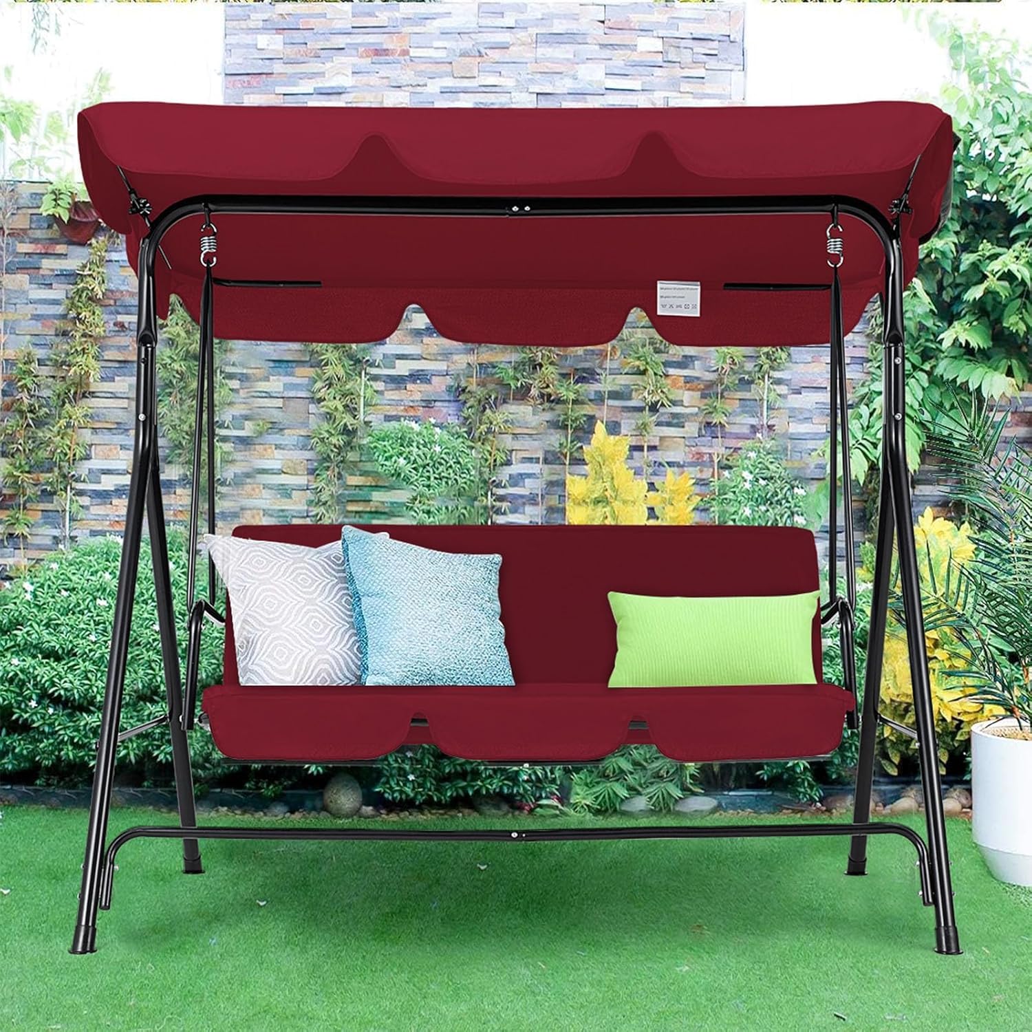 3 Seater Patio Swing Bench Red Canopy Cushion Steel Frame
