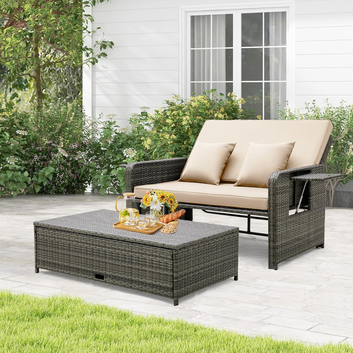 Rattan Garden Daybed Sun Lounger Sofa Storage Ottoman Beige Grey