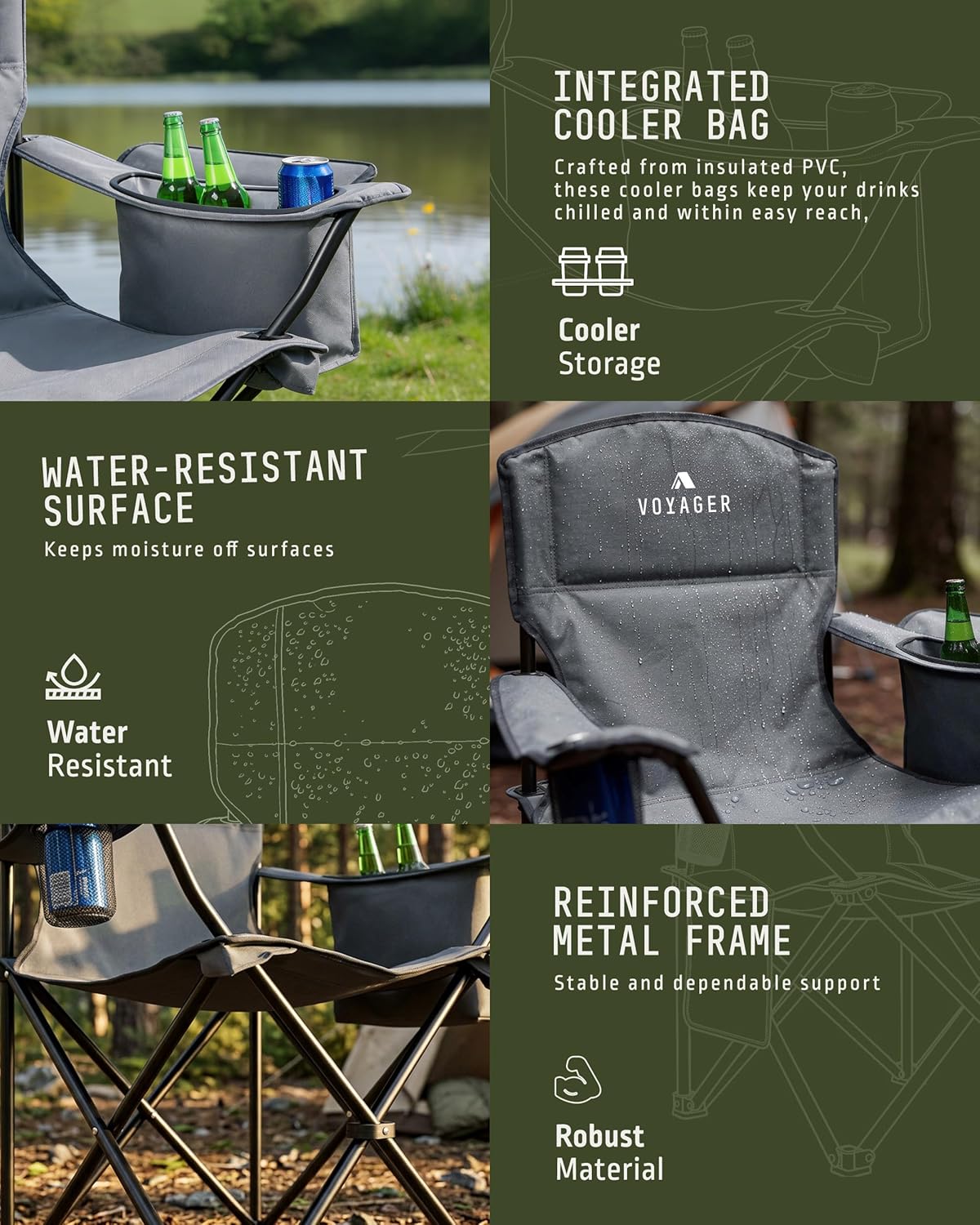 Folding Camping Chairs 2 Pack Cooler Bag Grey Portable