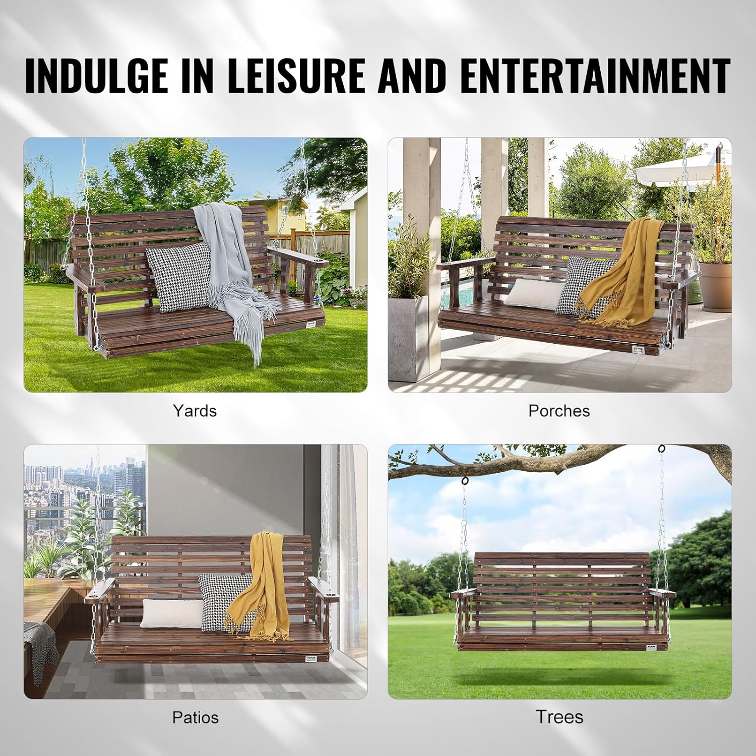 Carbonized Brown Wooden Porch Swing Bench 4.5ft