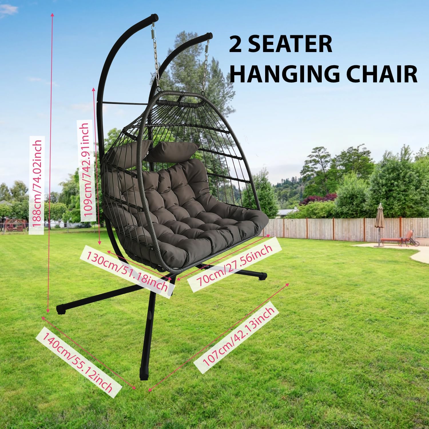 Double Rattan Swing Chair with Stand Cushion Grey