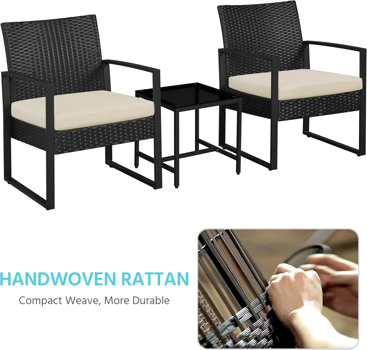 3 Piece Rattan Garden Furniture Set Patio Chairs Table Black