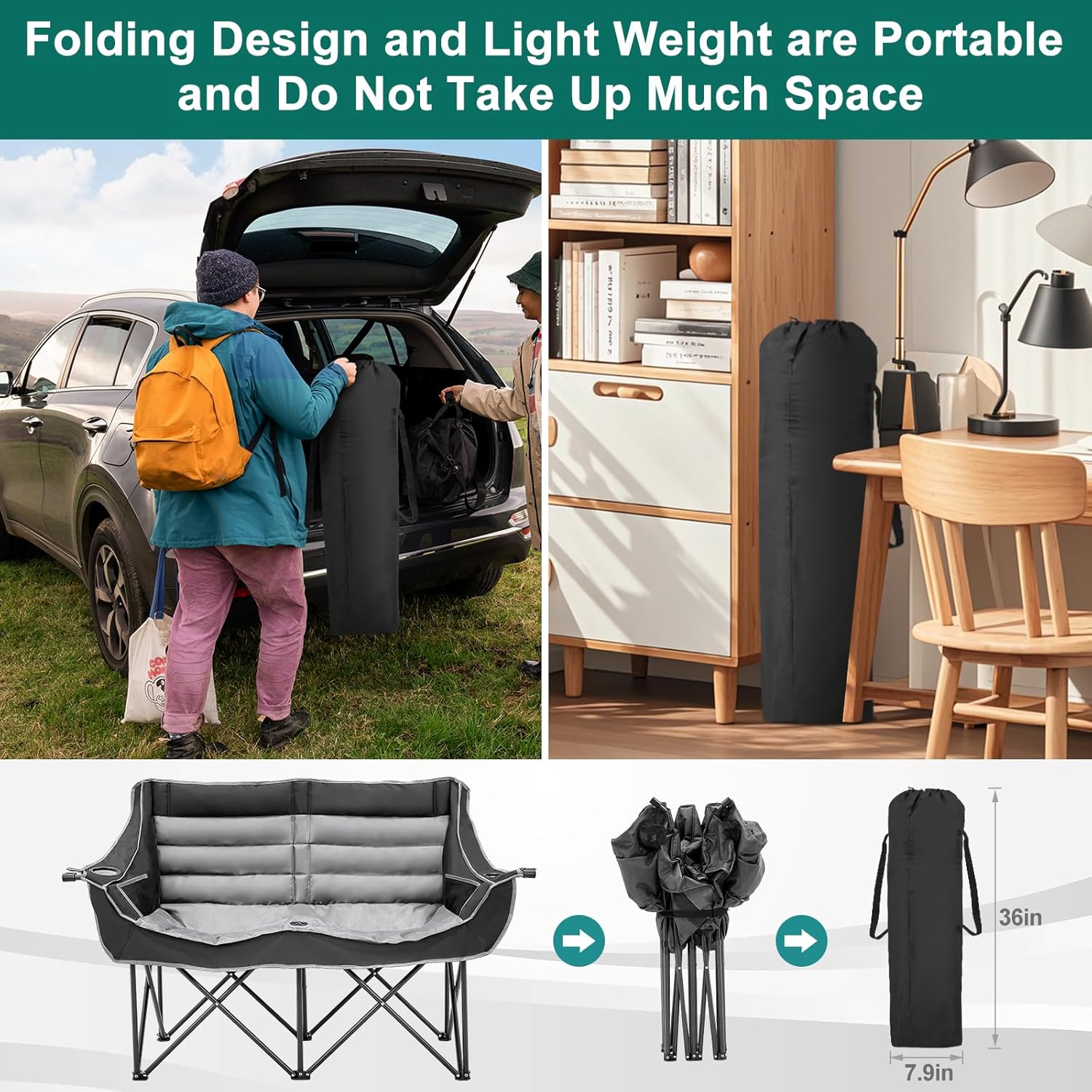 Oversized Double Folding Camping Loveseat Chair