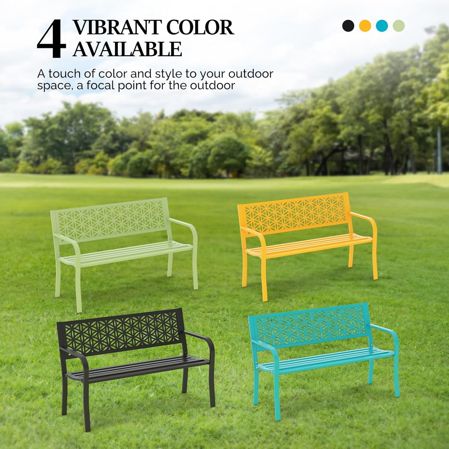 Metal Garden Bench 2-3 Seater Floral Back Outdoor Patio Seat Yellow