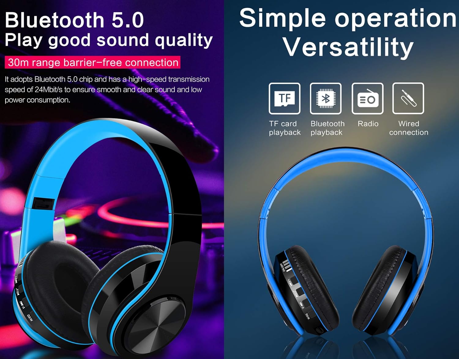 Wireless Over Ear Bluetooth Headphones Foldable HiFi Stereo With Mic