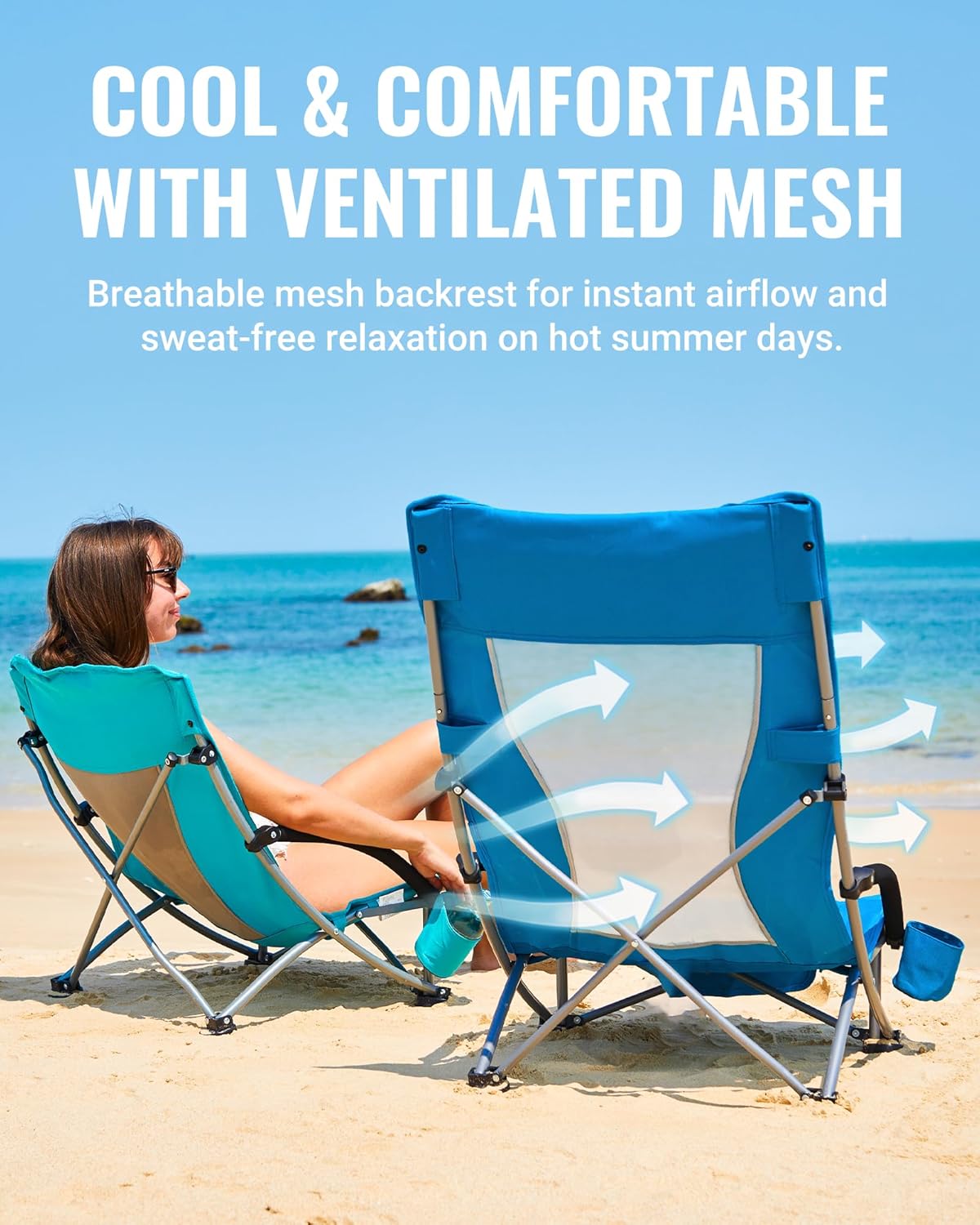 Blue Low Folding Beach Chair Heavy Duty Portable Seat
