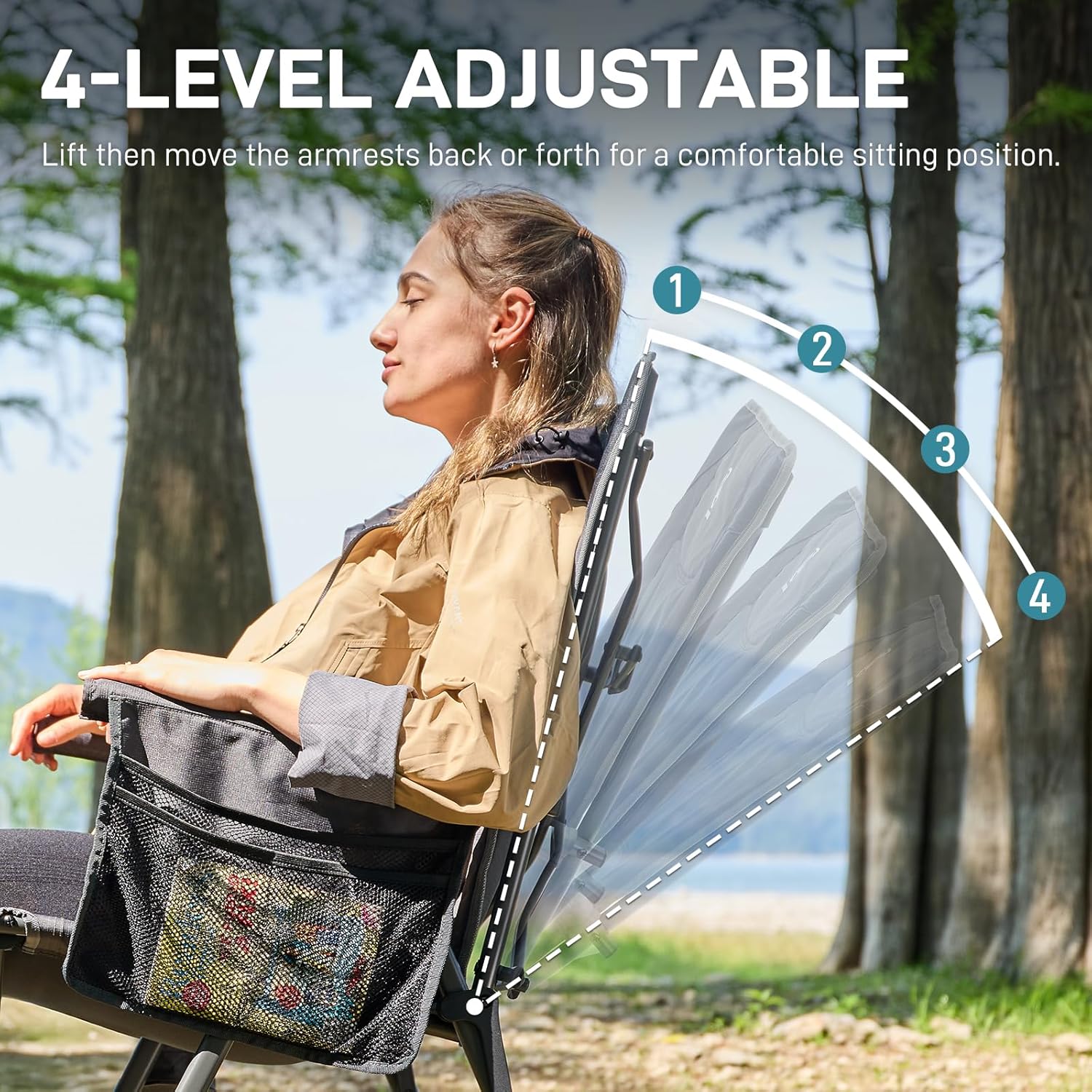Set of 2 Reclining Camping Chairs Heavy Duty 350lb Grey
