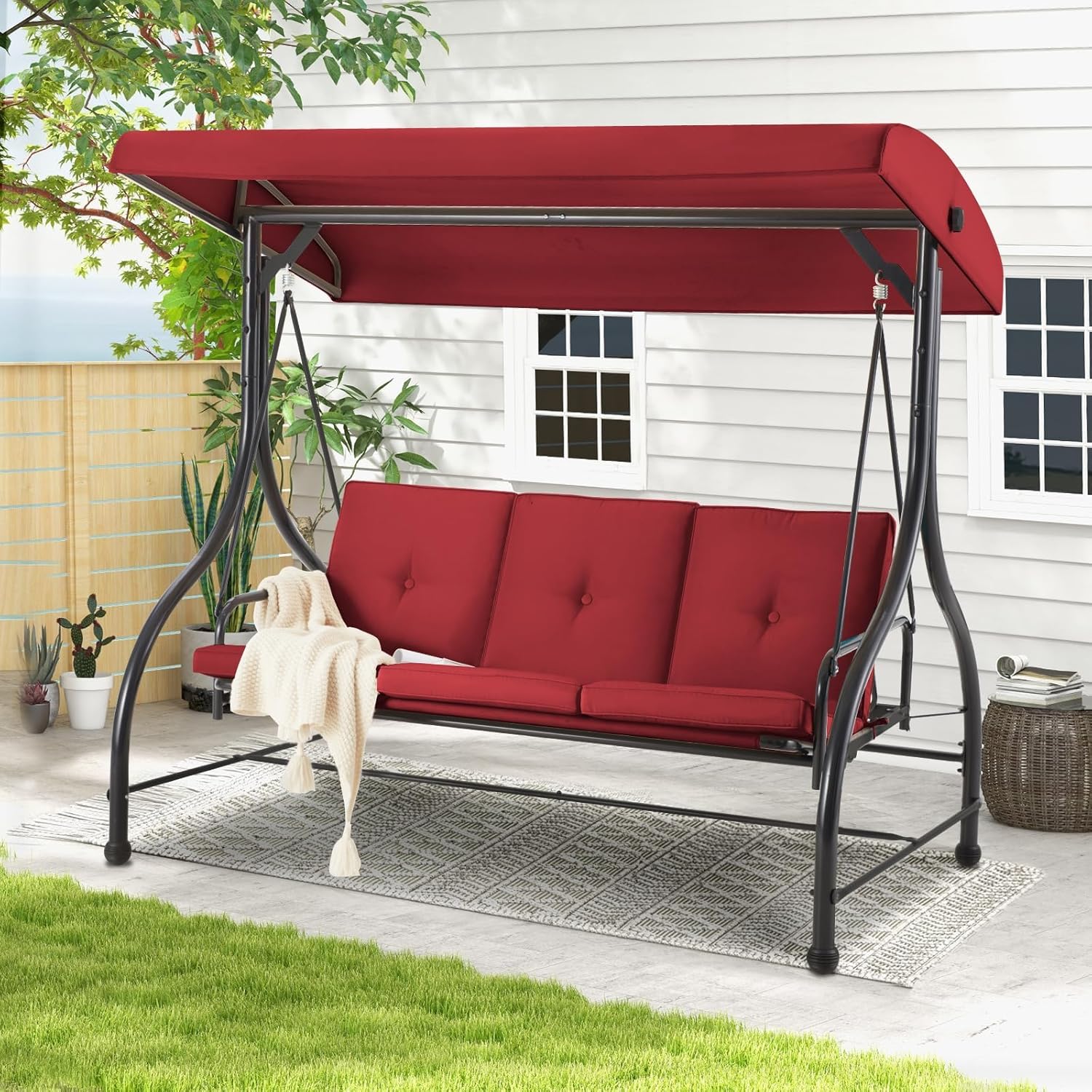 3 Seater Garden Swing Seat Bed Convertible Patio Hammock Chair Red