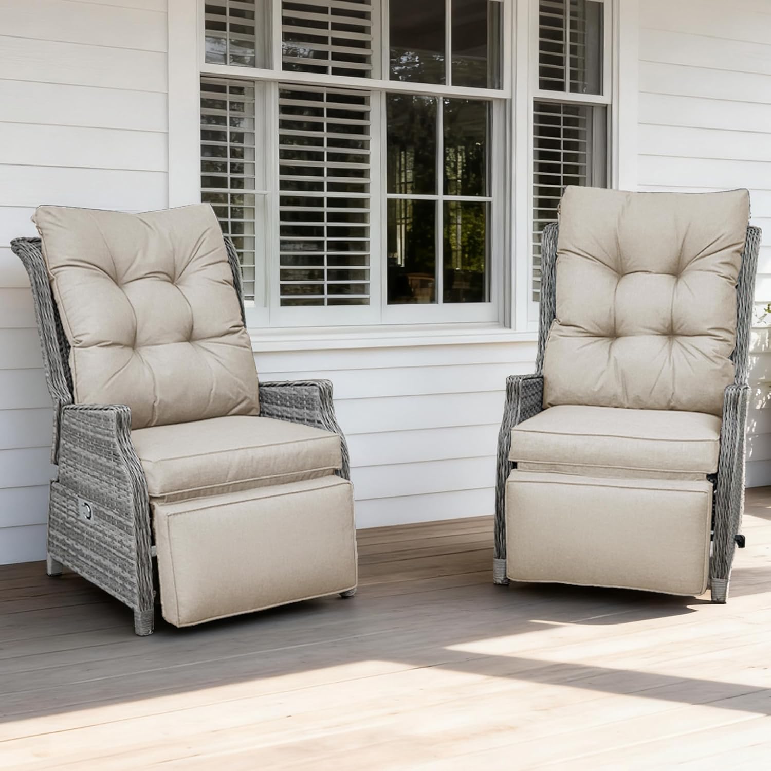 2 Piece Rattan Reclining Sun Lounger Set Beige