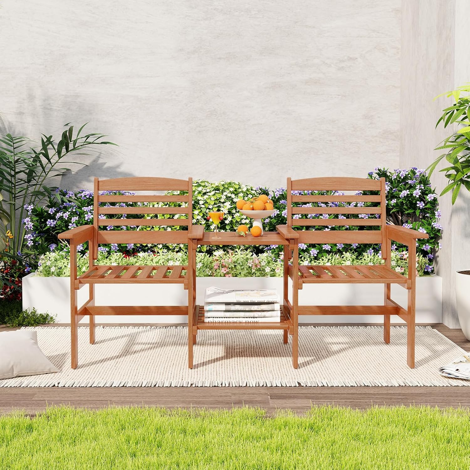 2 Seater Wooden Garden Loveseat Bench w/Table & Parasol Hole