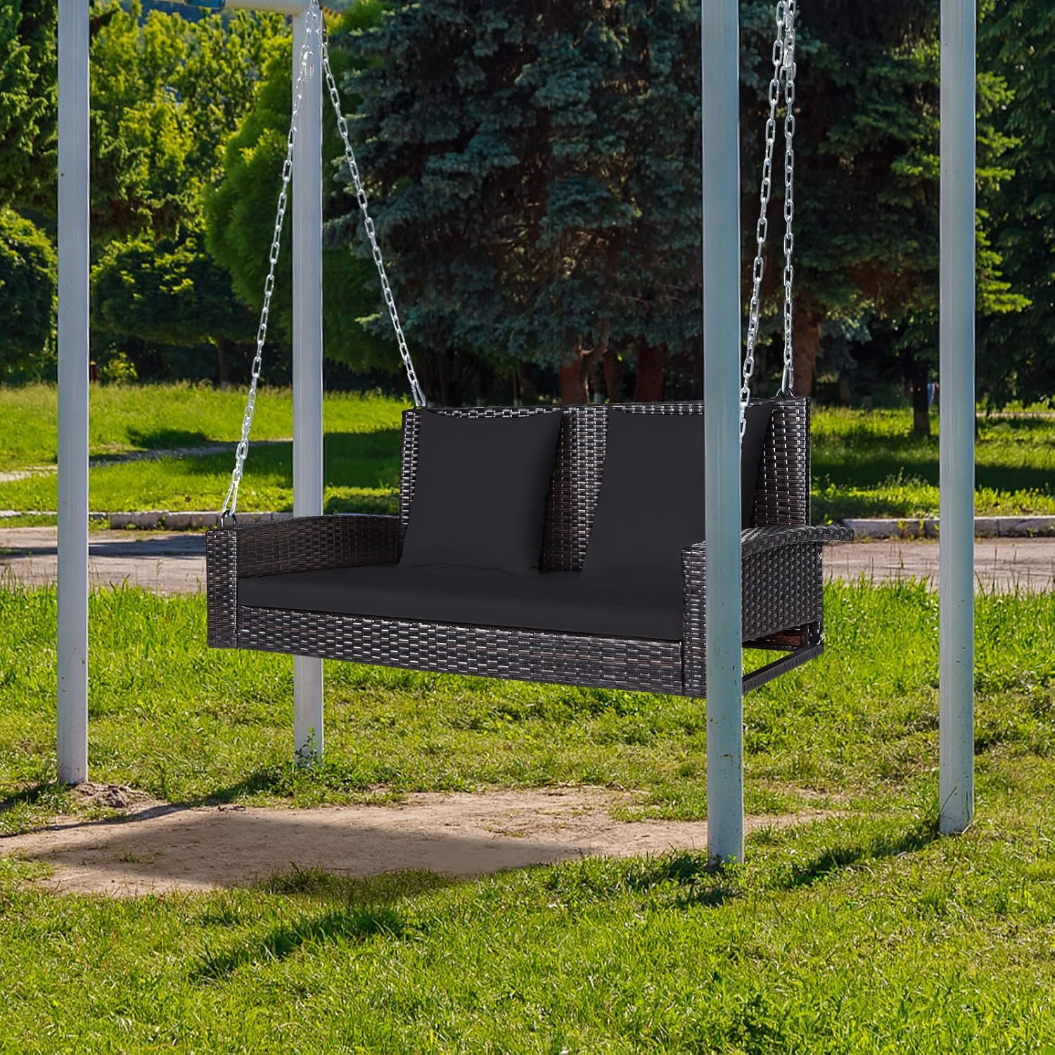2 Person Rattan Swing Set Black Cushions A Frame Stand