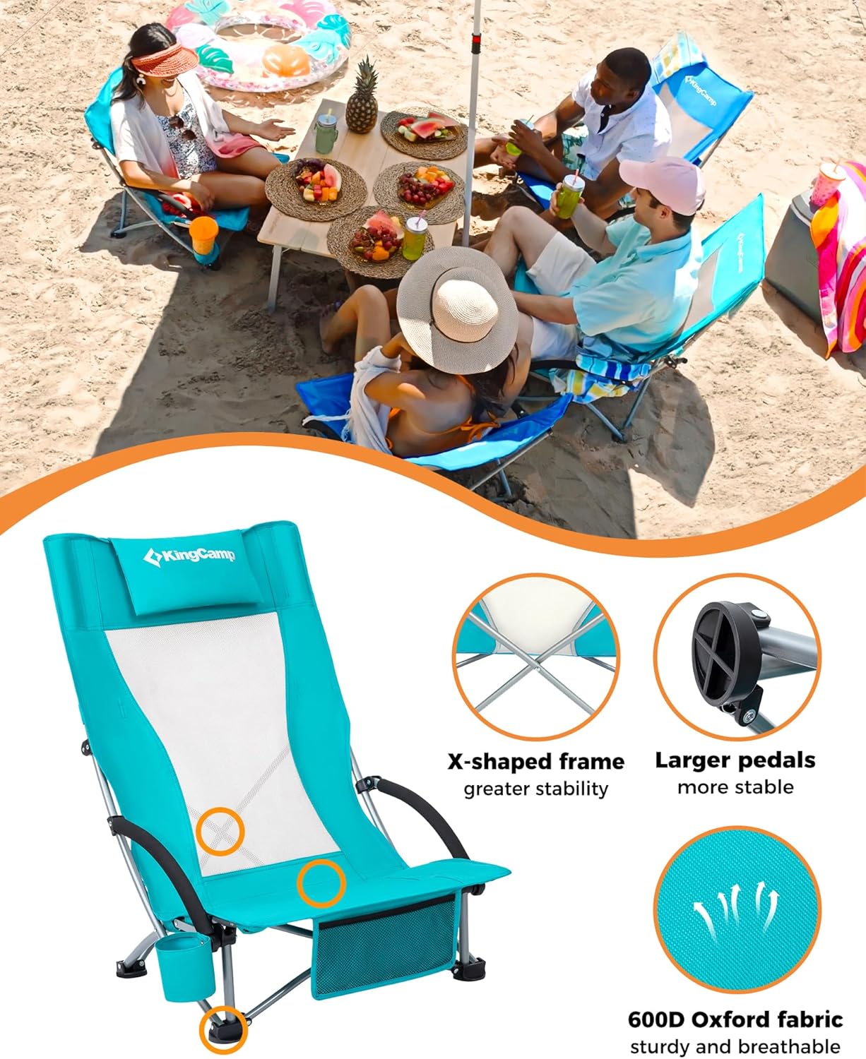 2 Pack Cyan Low Folding Beach Chairs Heavy Duty Portable Seats