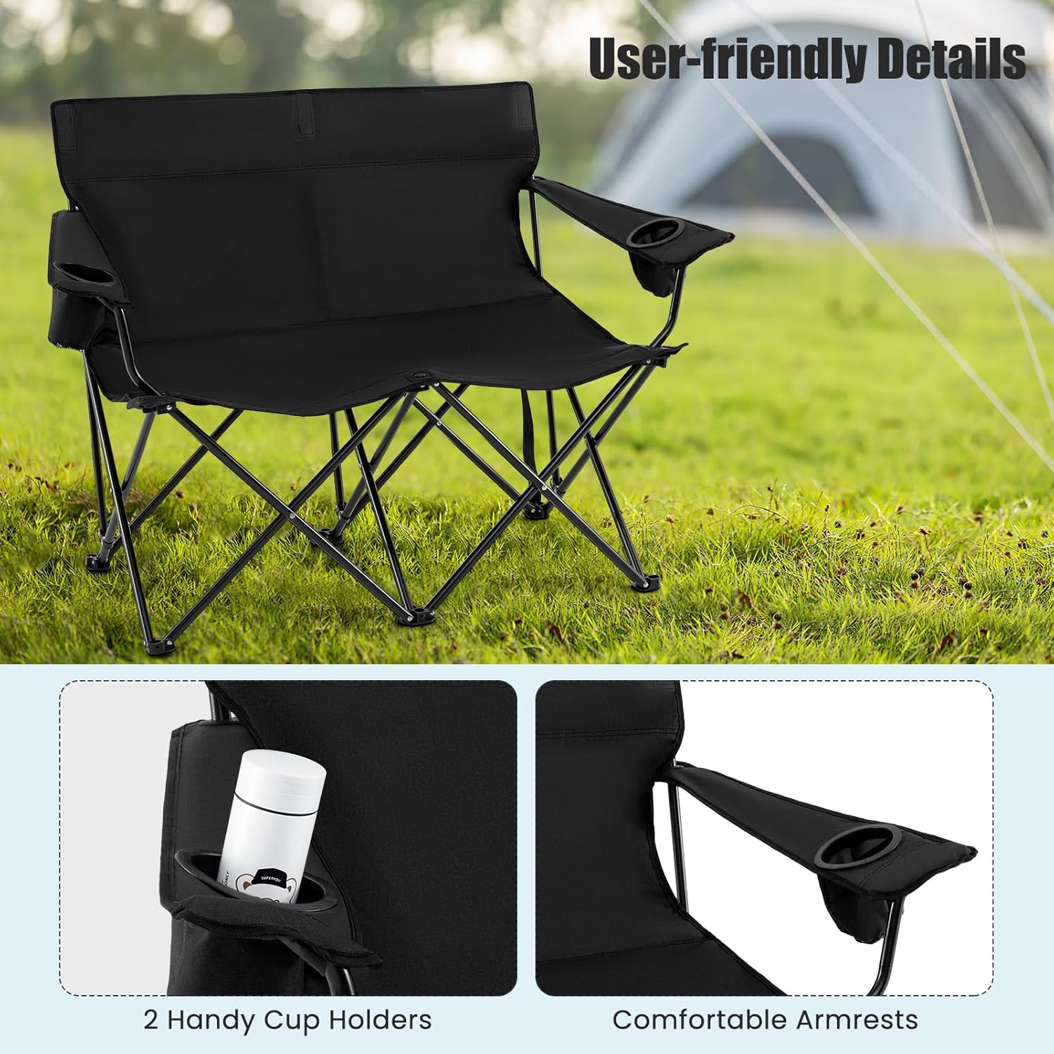 Double Camping Loveseat Chair 300KG Foldable Black
