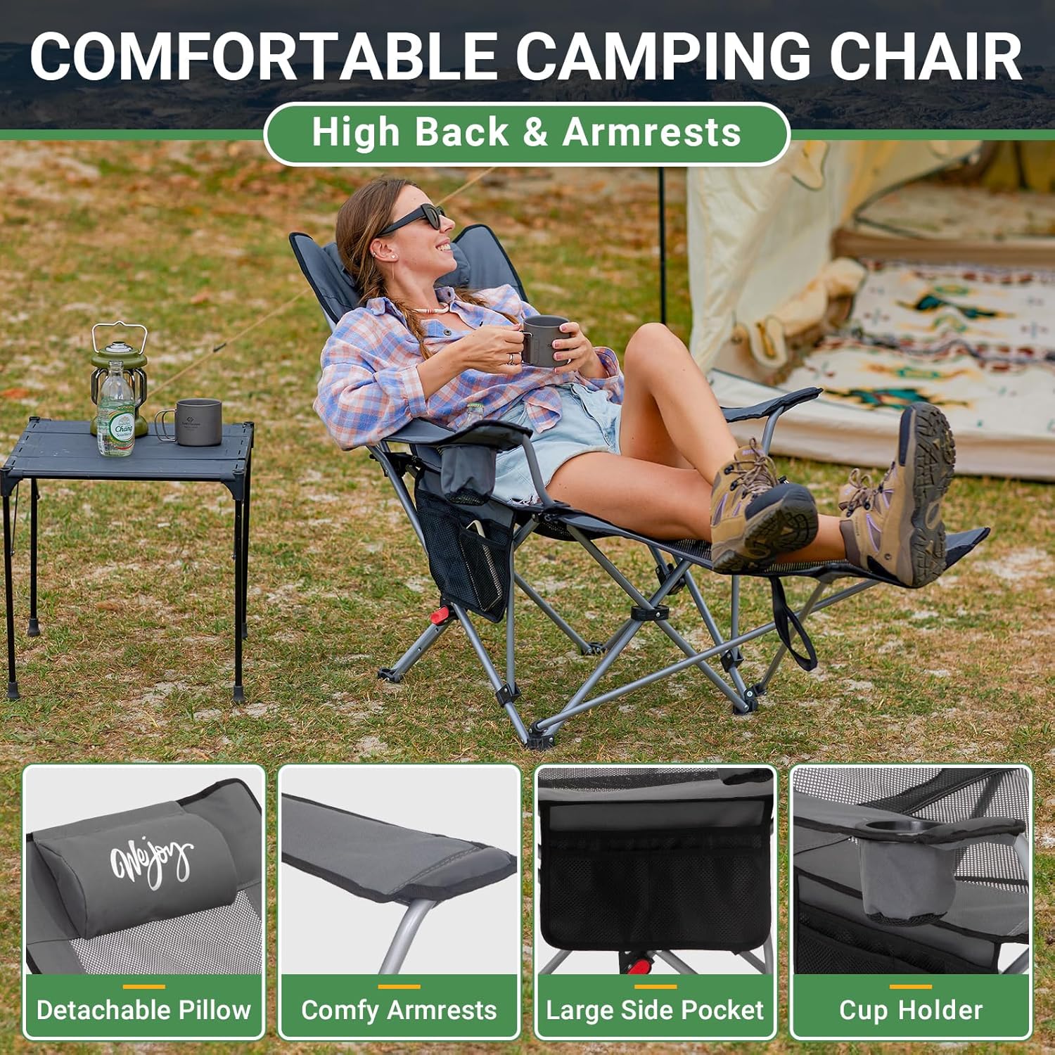 Reclining Camping Chair with Footrest Dark Grey