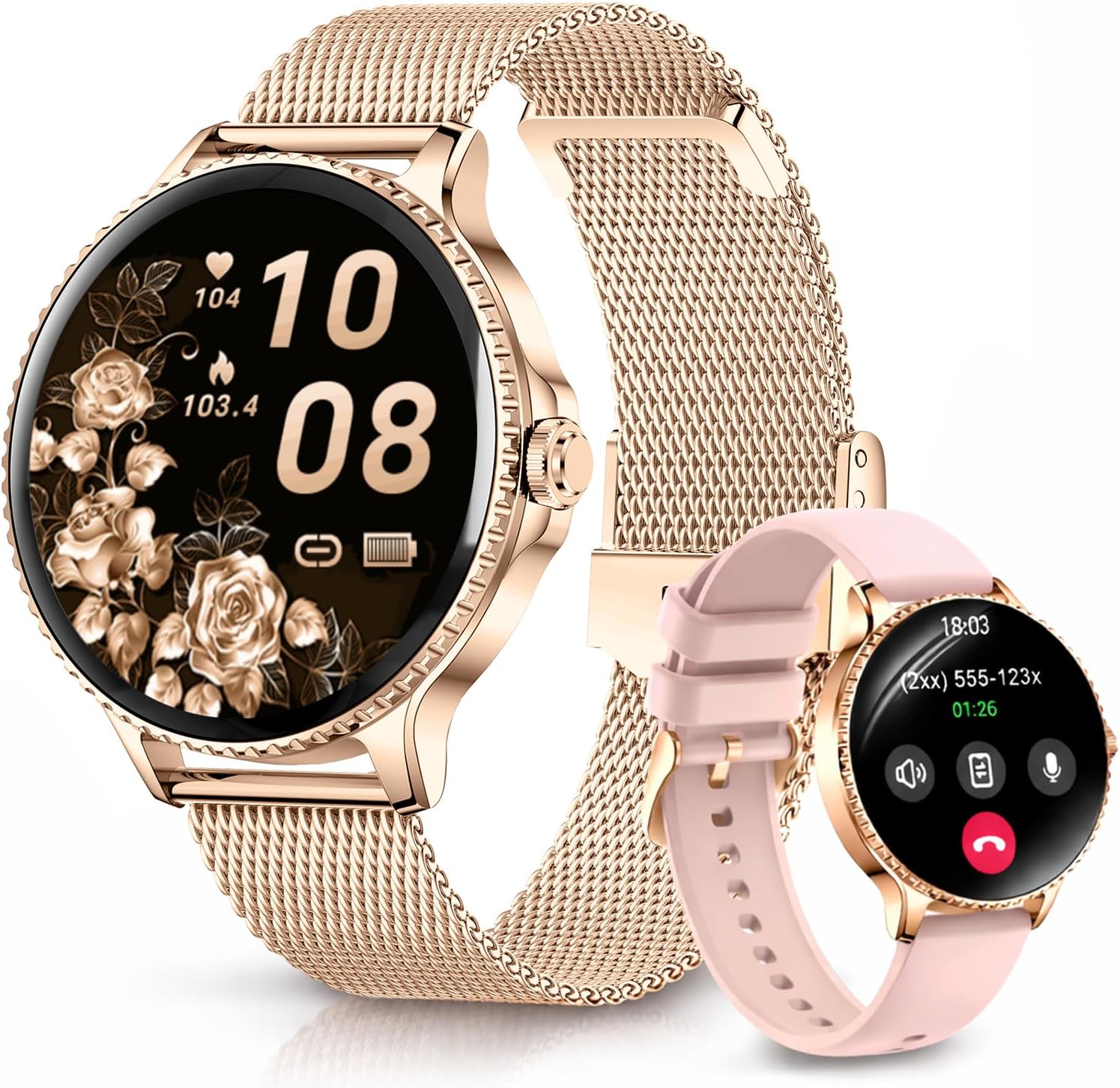 Rose Gold Womens Smart Watch Bluetooth Call Fitness