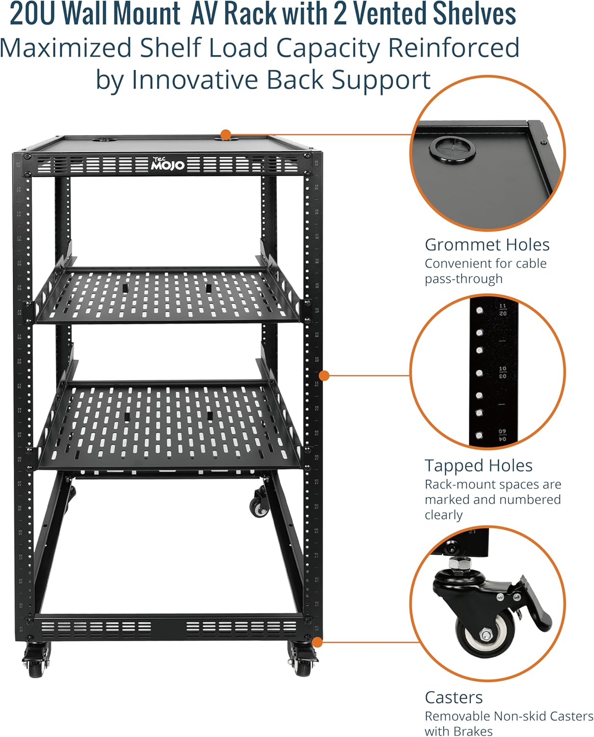 20U Open Frame Network Rack with Wheels 4 Post AV Rack