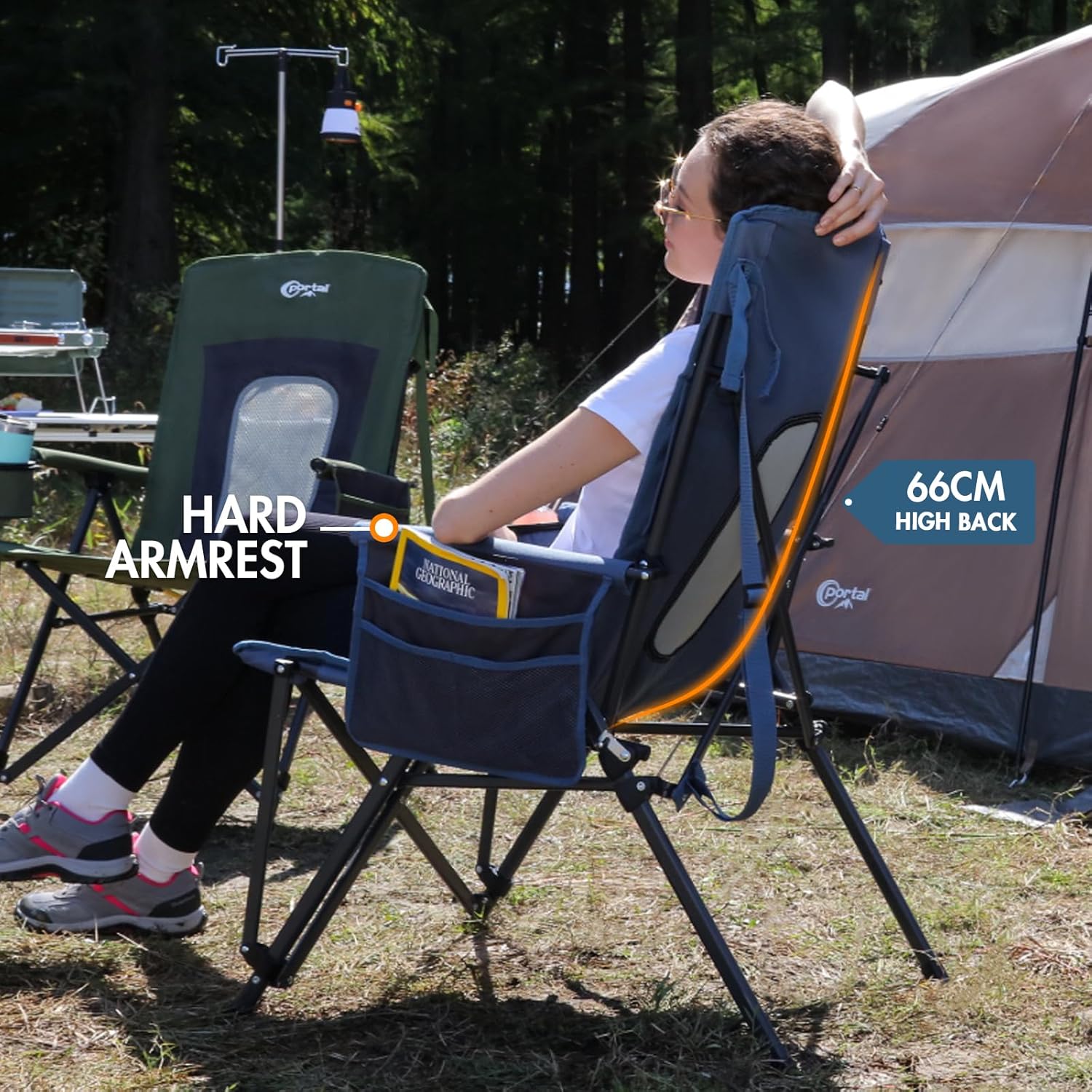 High Back Folding Camping Chair 180kg Heavy Duty Blue