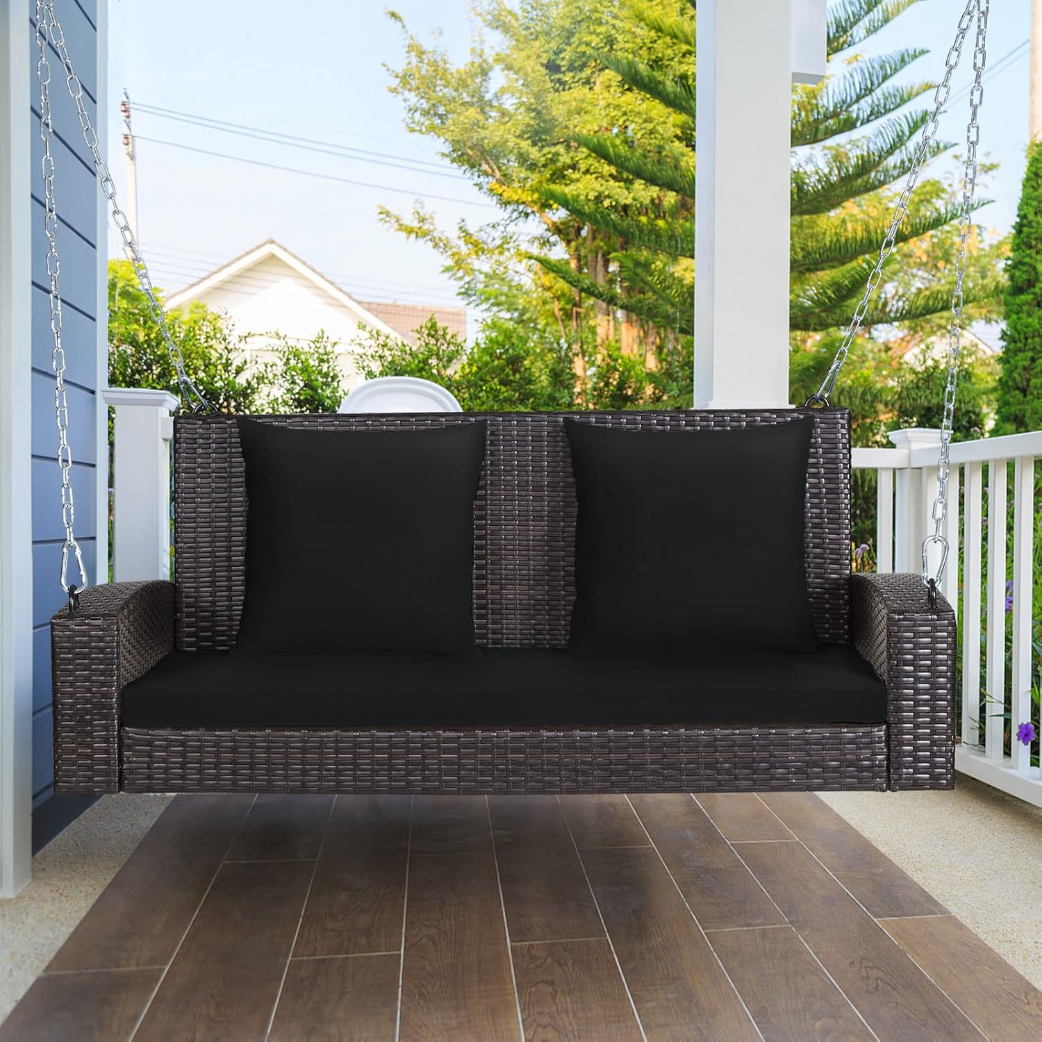 2 Seater Rattan Porch Swing Chair Cushions Pillows Black