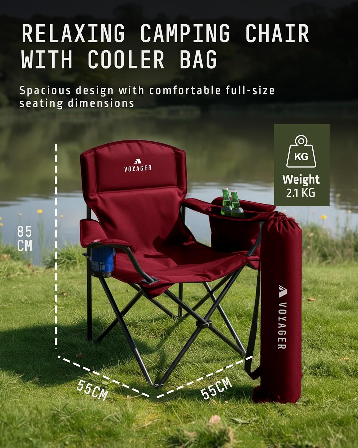 Folding Camping Chairs 2 Pack Cooler Bag Red Set