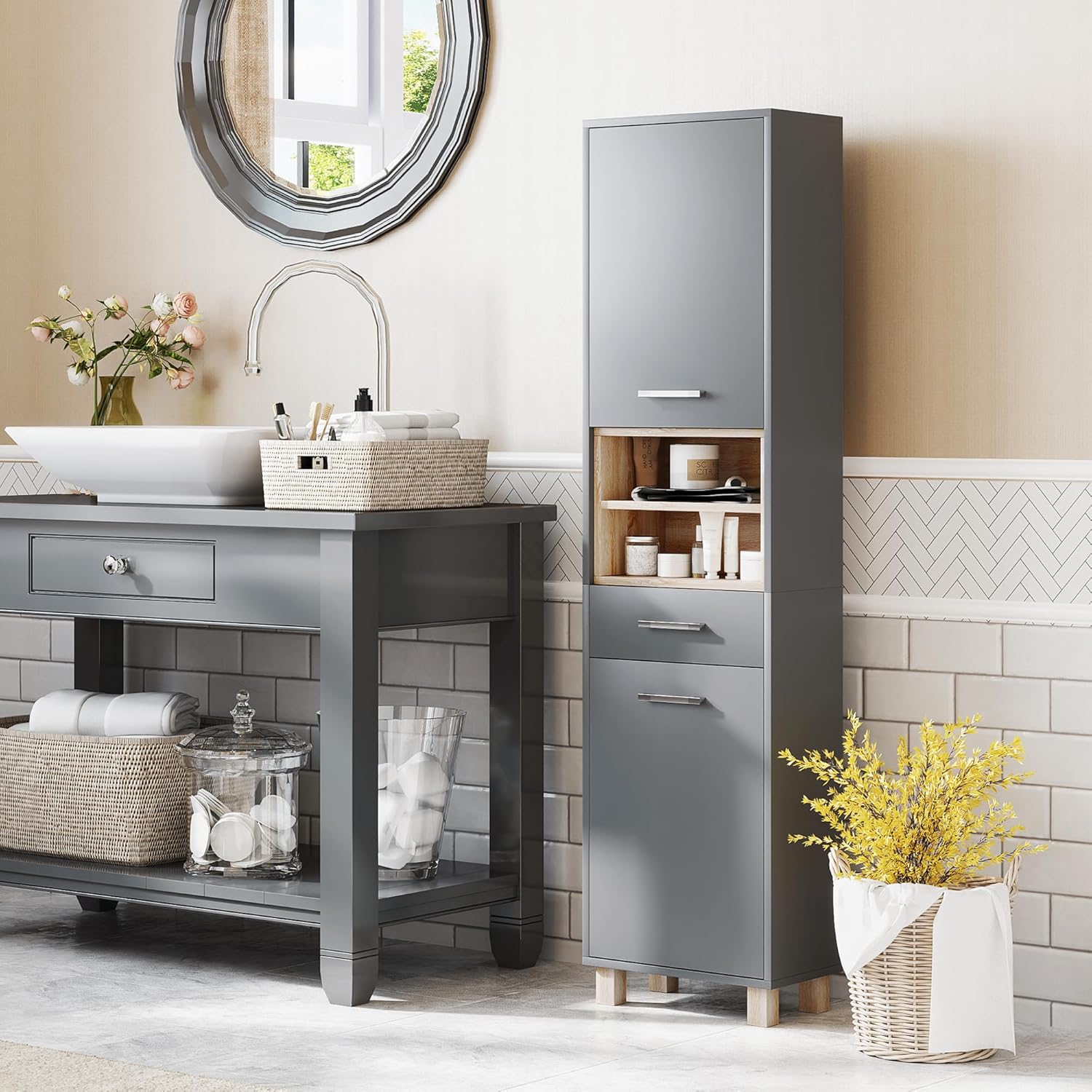 Tall Bathroom Storage Cabinet Grey Freestanding Shelves Drawer Unit