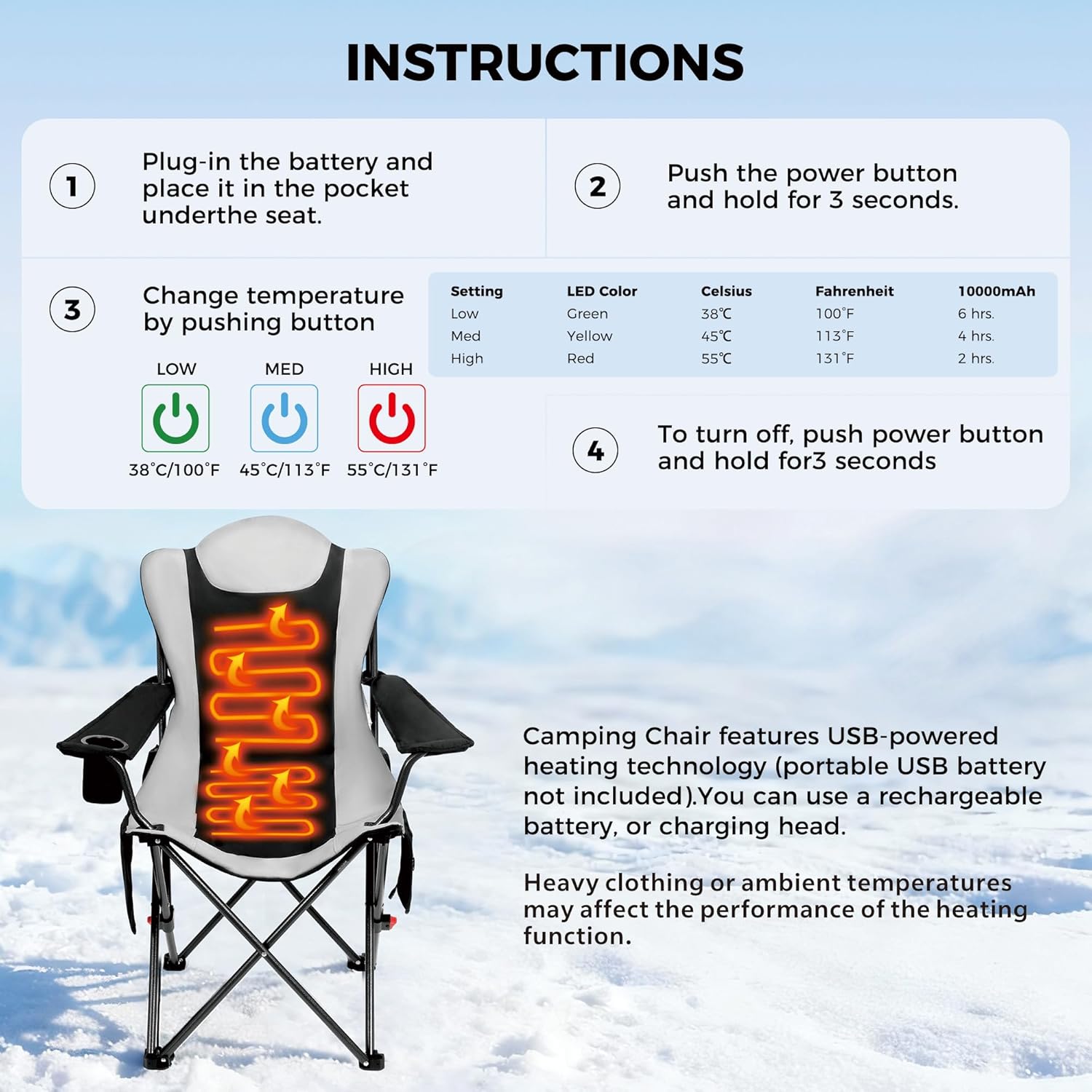 Heated Folding Camping Chair 159kg High Back Portable Seat