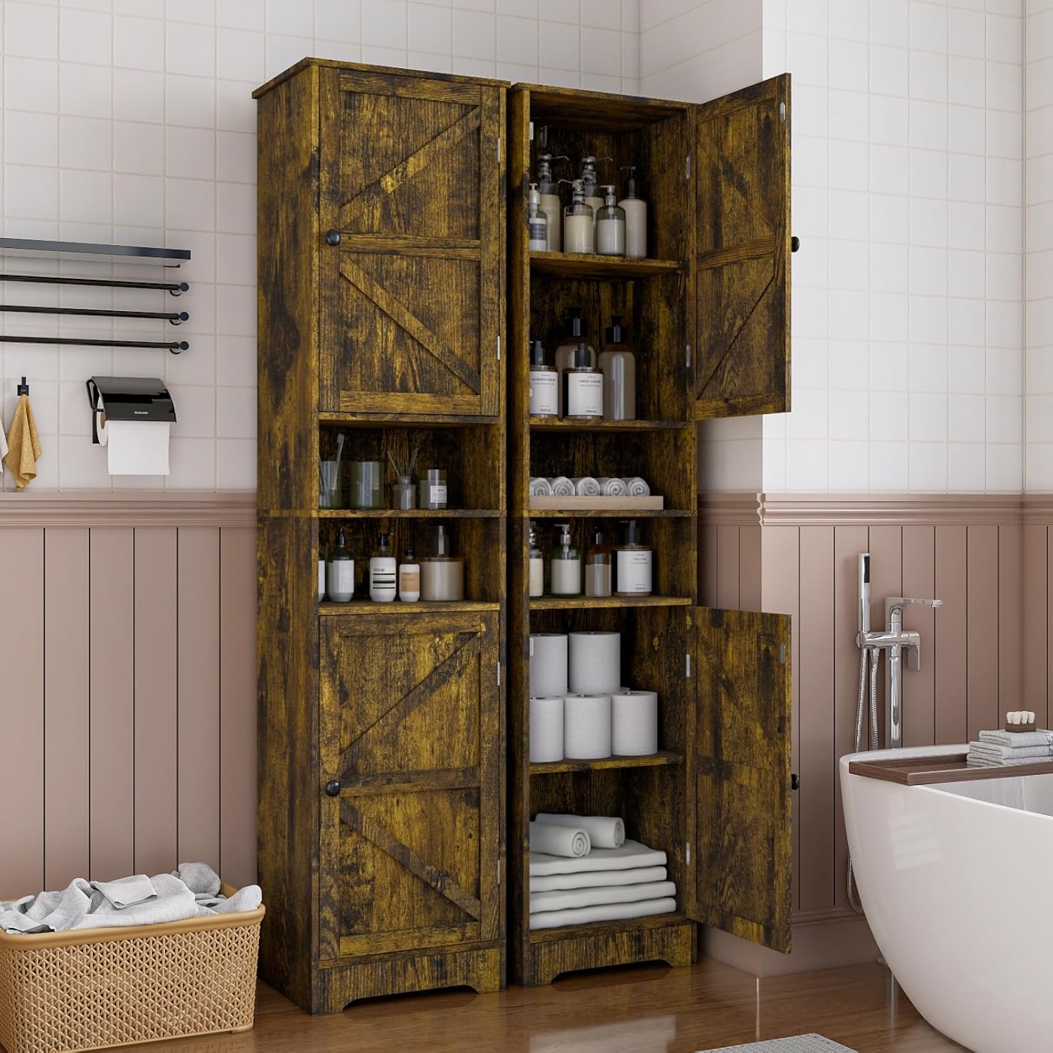 Tall Bathroom Storage Cabinet Slim Adjustable Shelf Retro