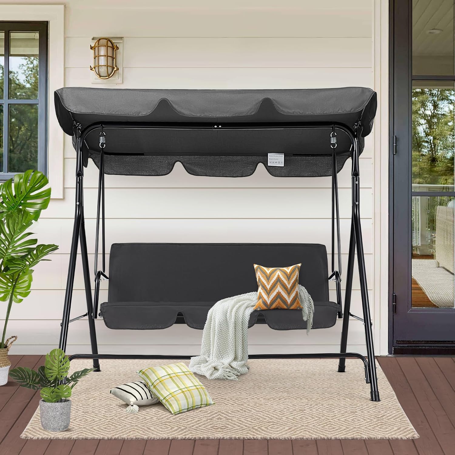 Grey 3 Seater Garden Swing Chair with Canopy