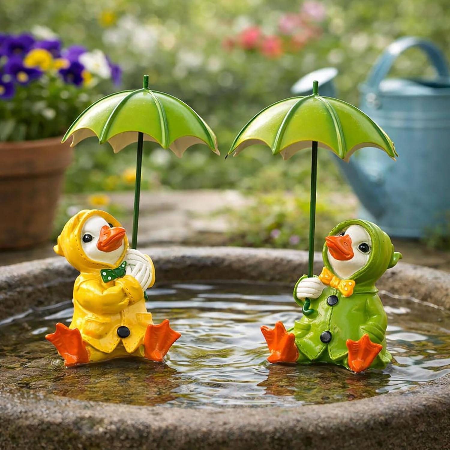 Duck Garden Ornaments Set 2 Resin Sitting Ducks Umbrella Decor