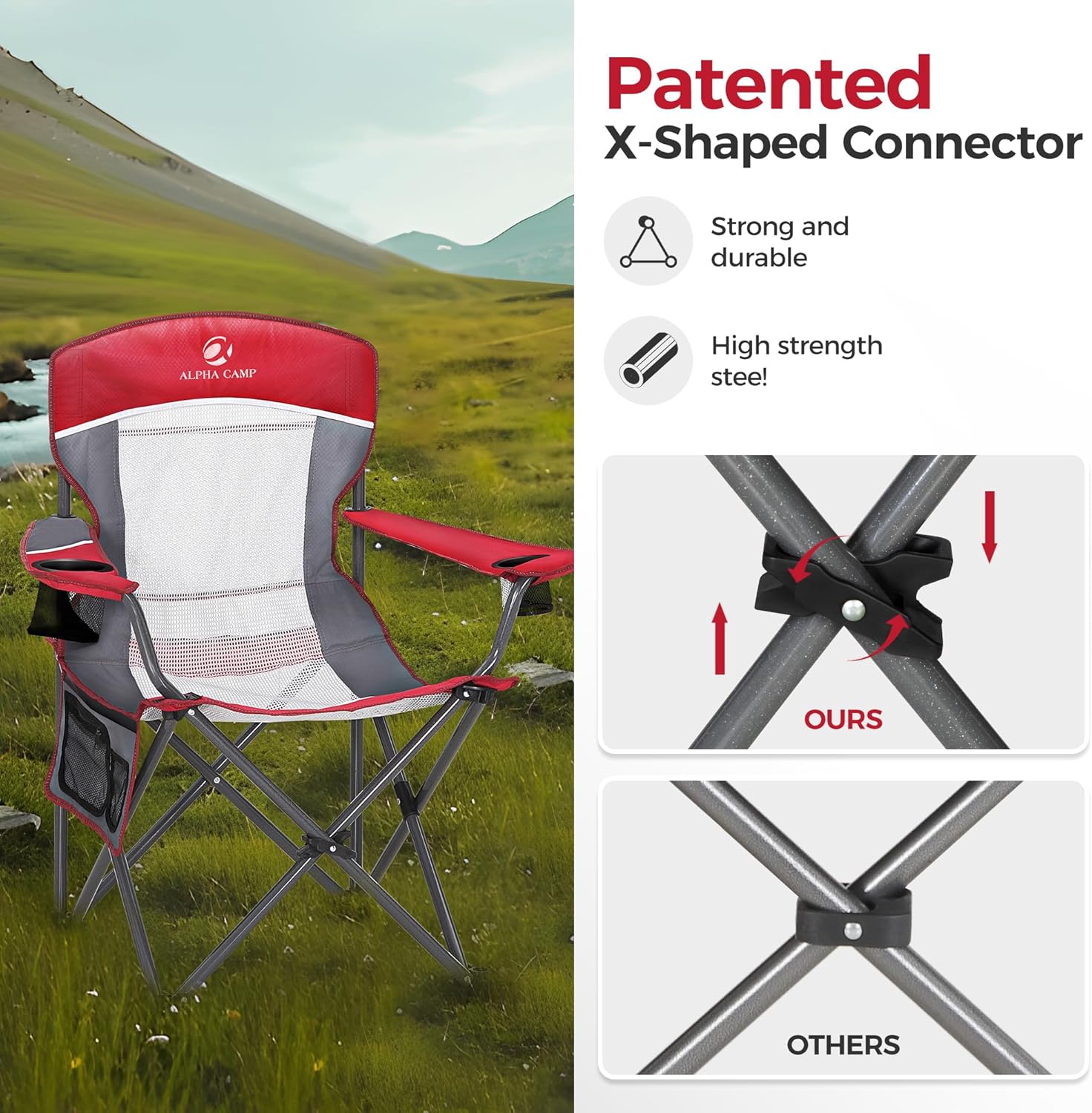 Oversized Camping Chair Mesh Back Folding Seat Red