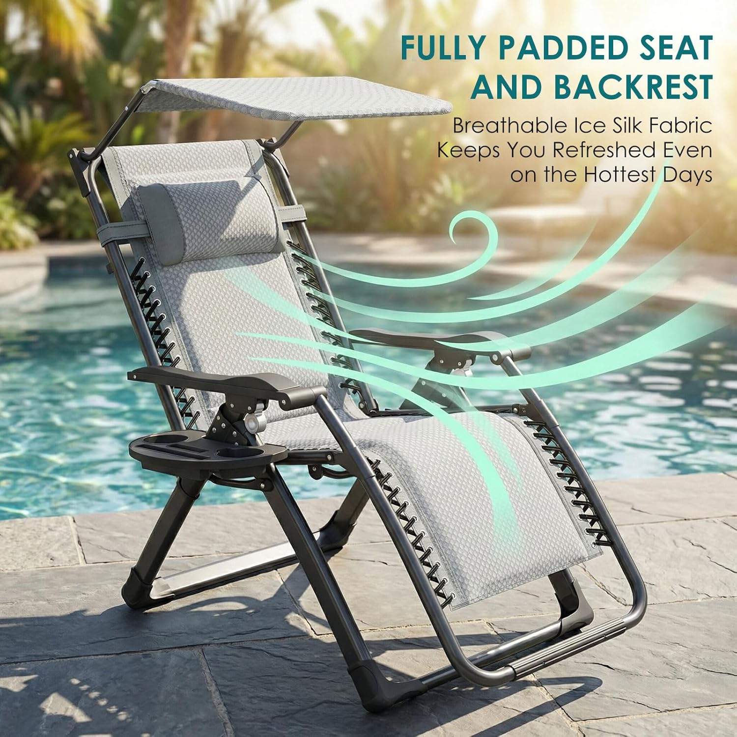Zero Gravity Lounge Chair Foldable Recliner Canopy Cup Holder Grey